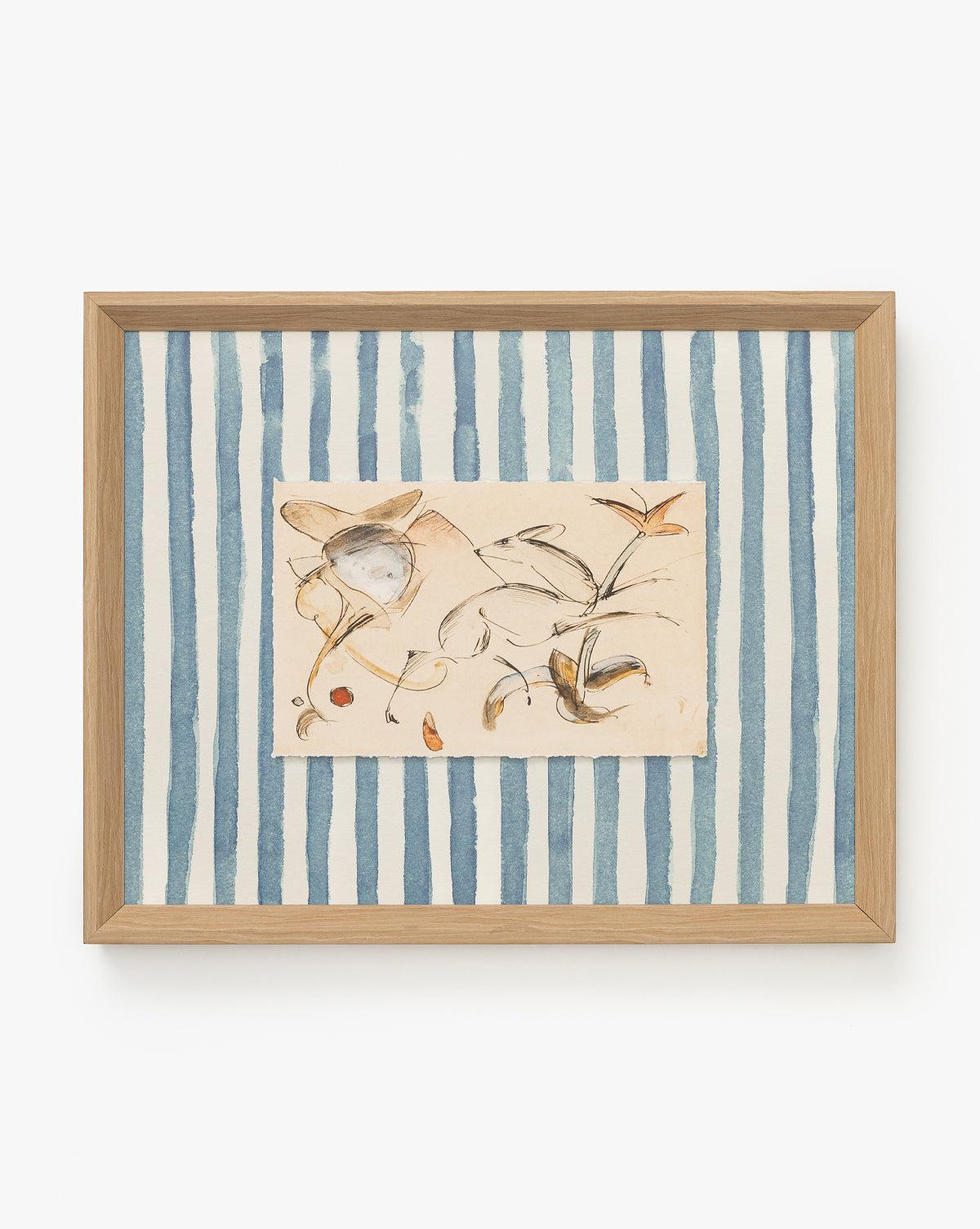 The Leaping Doe among the Flowers framed art print features an abstract floral sketch in muted tones on a cream background, set over blue and white vertical stripes, by Vendixs A light wood frame adds a modern touch to your decor.