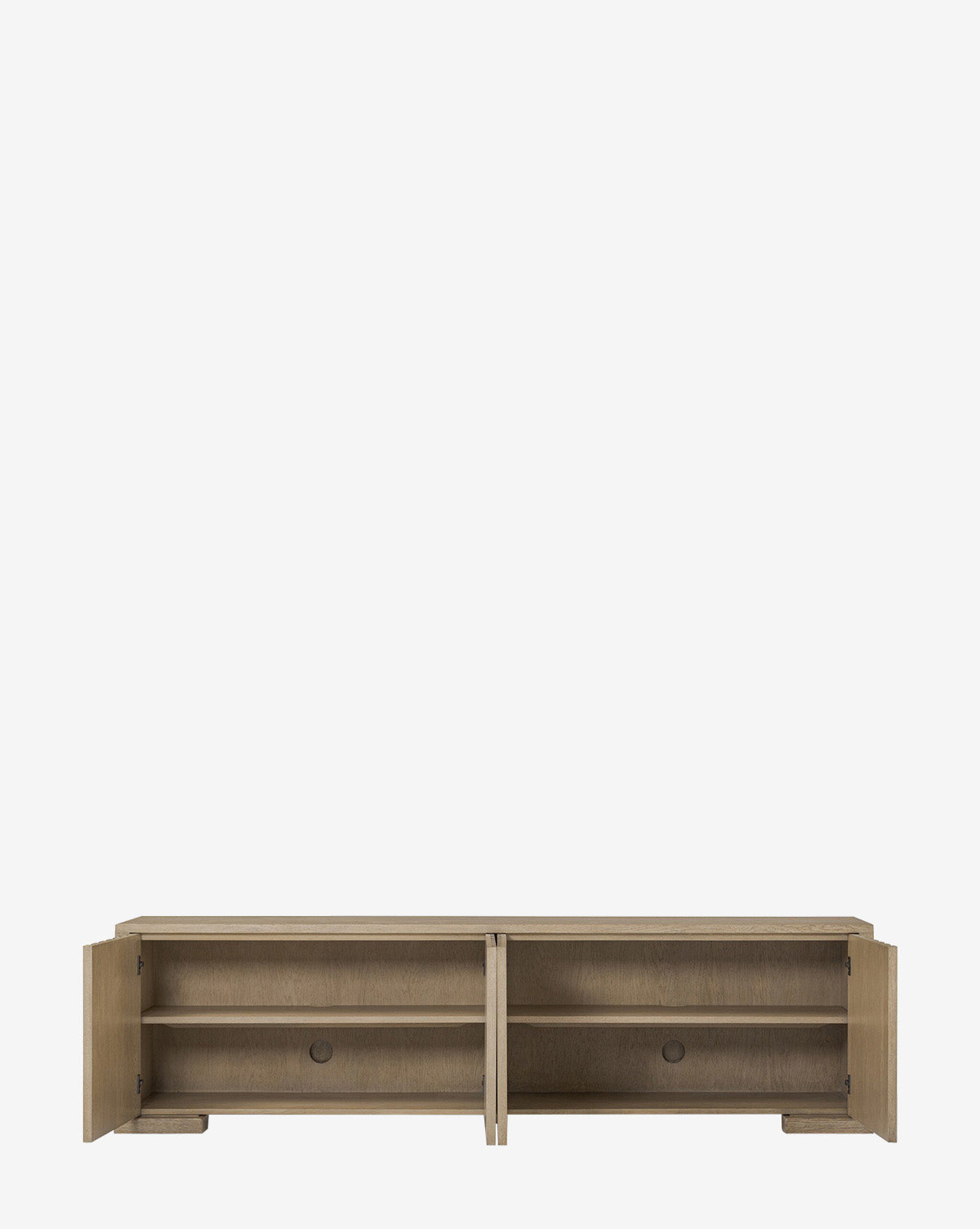 The Leith Console is a light brown oak TV stand with a minimalist design, featuring two open doors that reveal interior shelves and circular cable management cutouts, shown against a plain white background by Vendixs