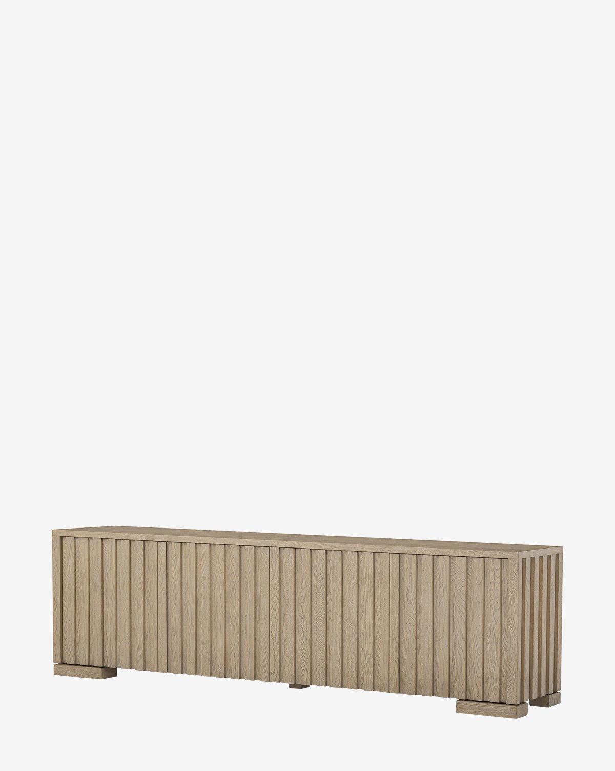 The Leith Console is a long, rectangular oak bench featuring vertical slats, a natural wood finish, and four block-style feet—a perfect piece of contemporary furniture, by McGee & Co.