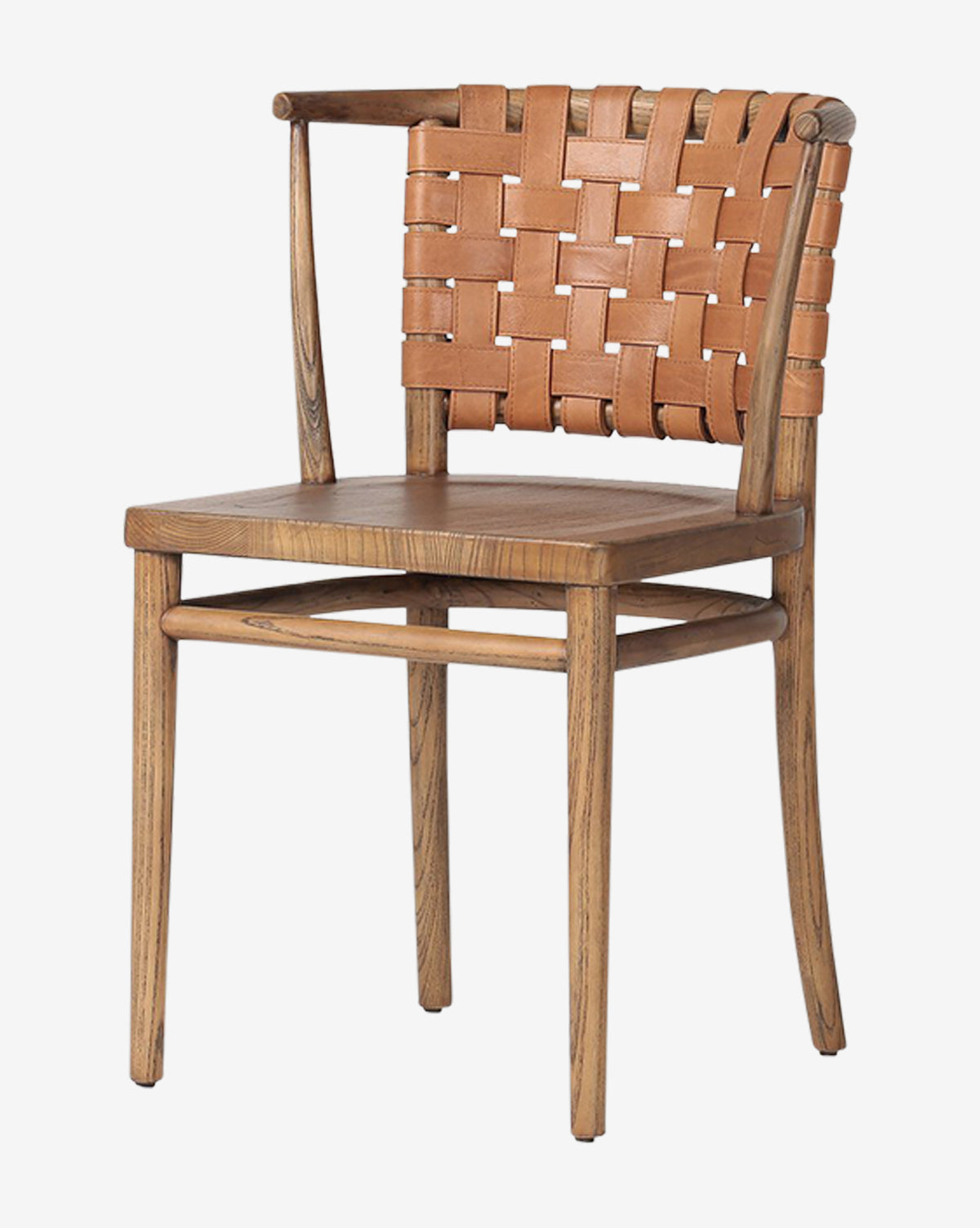 The Lennon Dining Chair features a tan leather seat, a woven leather backrest, and a sleek wooden frame with clean lines—an ideal compact choice for contemporary spaces, by Vendixs