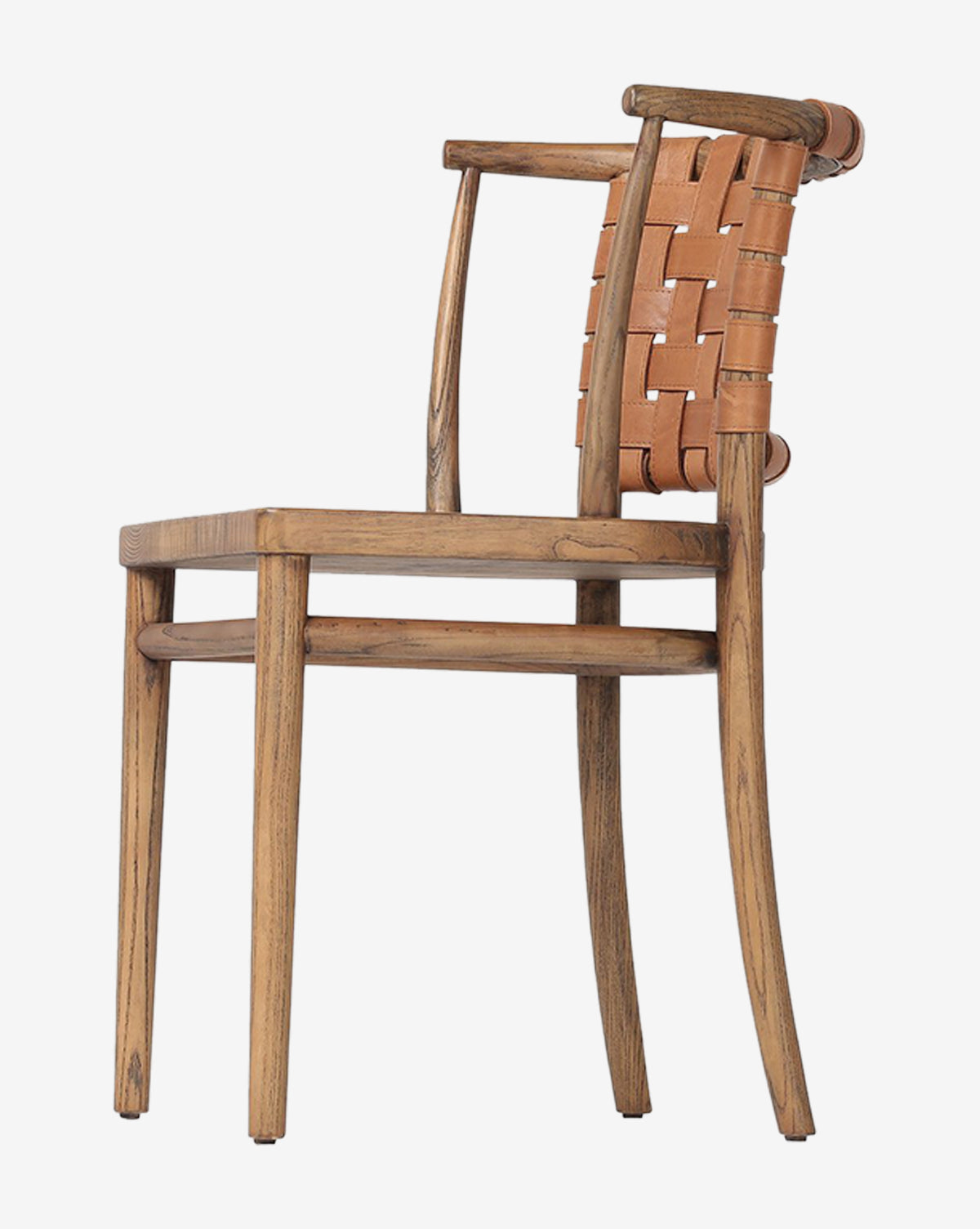 Side view of the Lennon Dining Chair, featuring a woven leather seat and back, light wood frame and legs, and a solid wood seat. Its compact, minimalist design blends modern style with rustic charm, by Vendixs