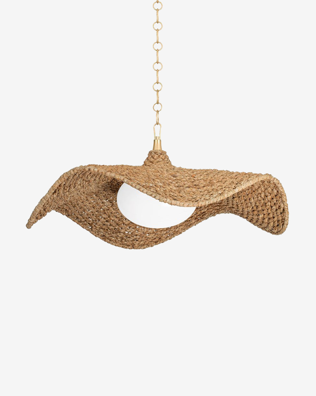 The Levene Pendant by Troy Lighting features a vintage gold finish and a woven, wavy rattan shade, suspended from a gold chain to bring timeless style into any space. Vendixs