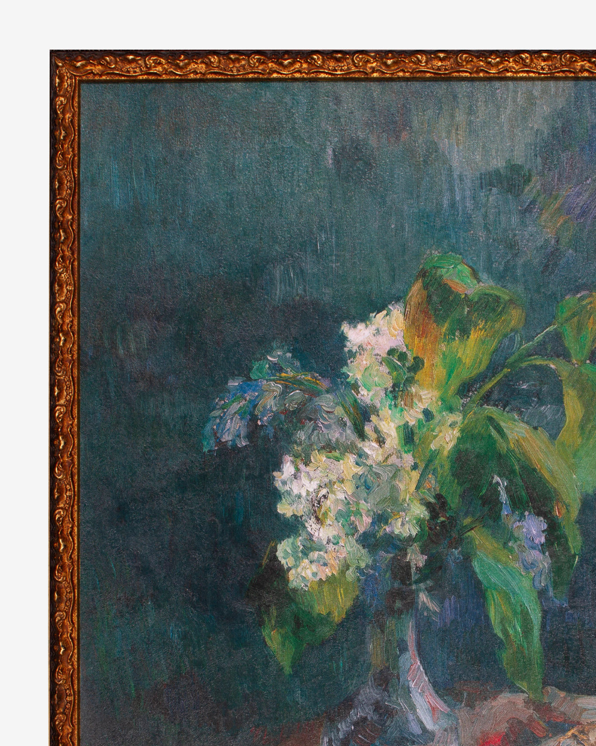 Gallery-quality framed Lilac in a Vase painting featuring white and green lilacs with lush leaves in a glass vase, set against a dark, textured teal background, by Vendixs