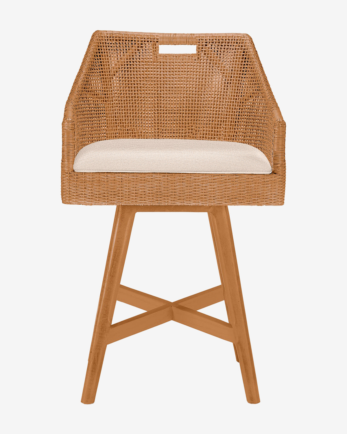 The Lilian Counter Stool by Made Goods features a rattan square backrest, open weave design, beige upholstered seat, and wooden legs with crisscross supports by Vendixs