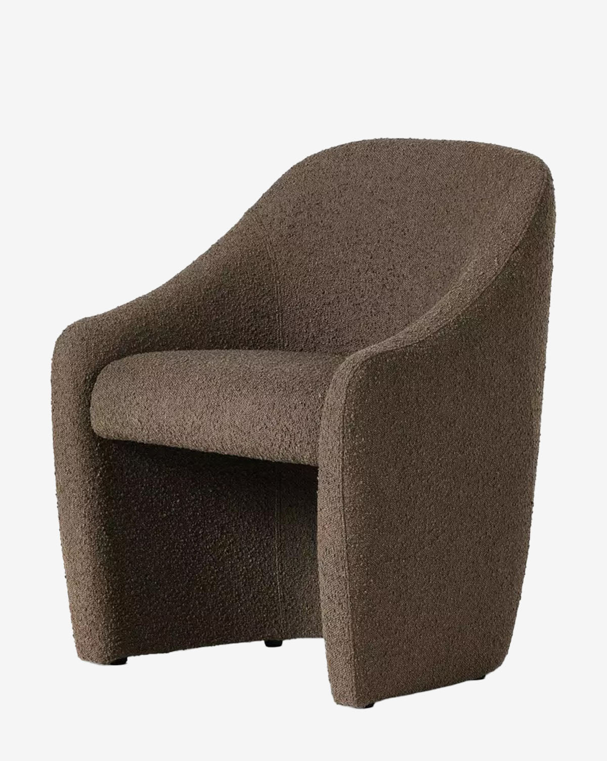 The Lilou Dining Chair features rounded edges, a curved backrest, integrated armrests, and brown performance fabric upholstery—an ideal modern upgrade for any dining space, by Vendixs