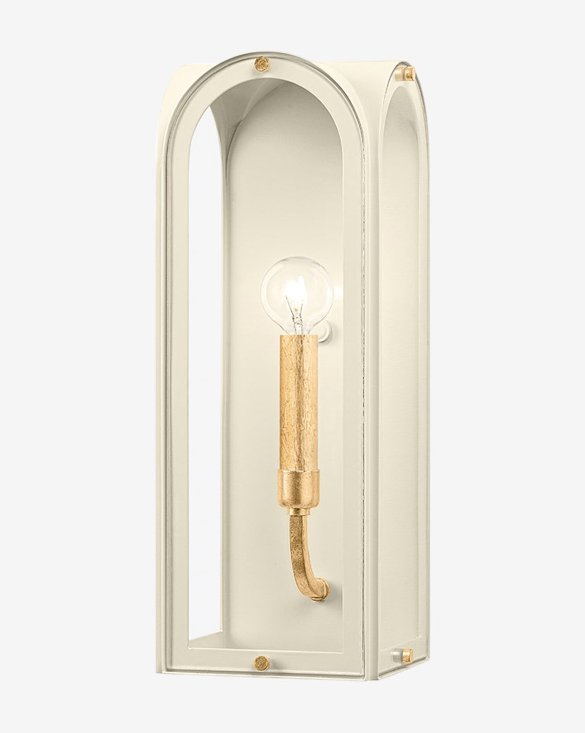 The Lincroft Lantern Sconce by Hudson Valley Lighting features a vintage gold-leaf finish, an arched open cream frame, and a single exposed candelabra bulb with a gold-toned vertical holder against a plain backdrop. Vendixs