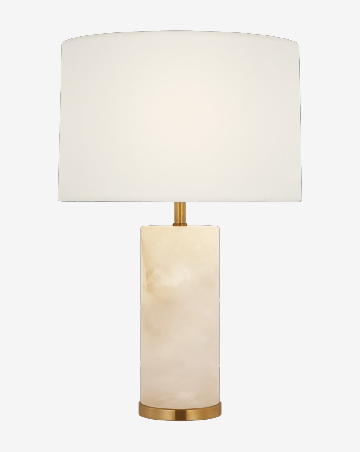 The Lineham 16 Cordless Accent Lamp by Visual Comfort & Co. Signature features a cylindrical marble base, brass accents, and a large white drum shade. The lamp is shown illuminated against a plain background. Vendixs