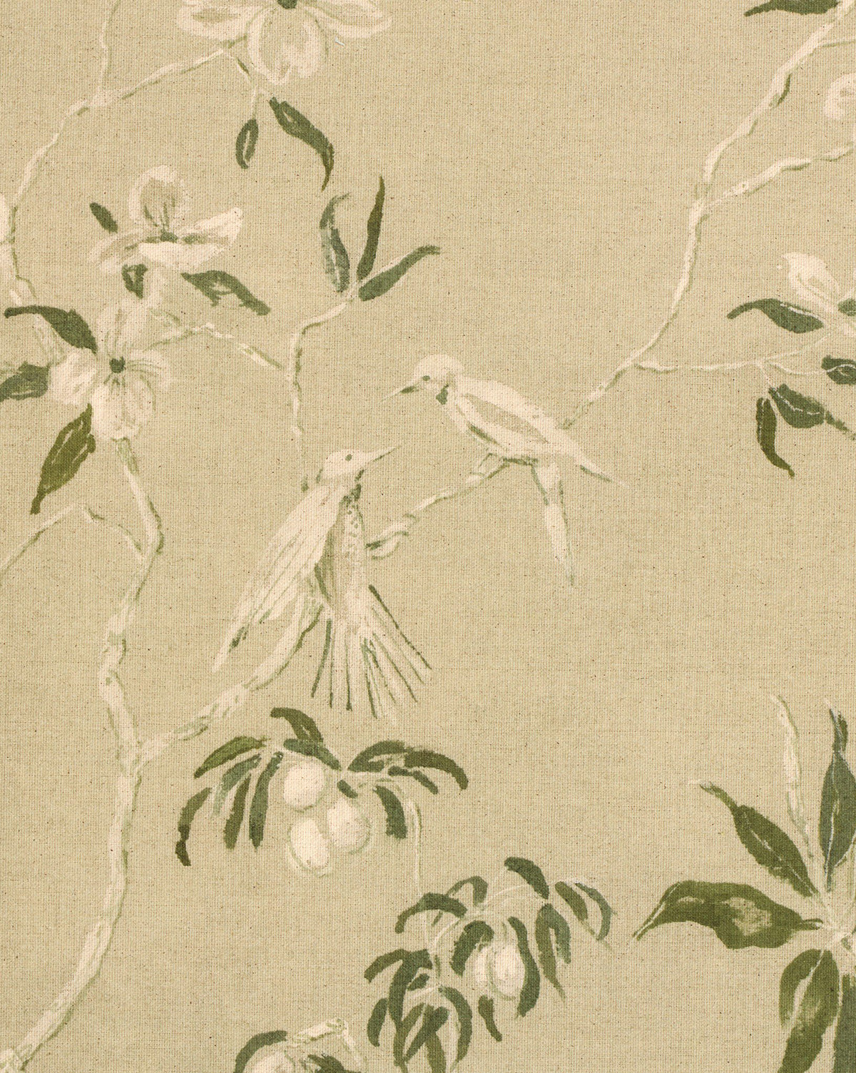 Linen Chinoiserie by Laurel-Dawn Latshaw features two birds perched on leafy branches with flowers and fruit against a beige textured backdrop, rendered in muted green and white for a modern, vintage-inspired look, by Vendixs