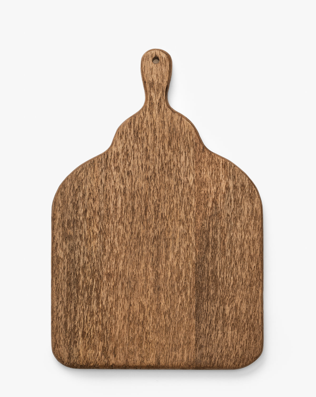 The Longfellow Breadboard, crafted from mango wood with a handle, rounded top edges, and a hanging hole, offers stylish serving and practical kitchen decor against a plain white background by Vendixs