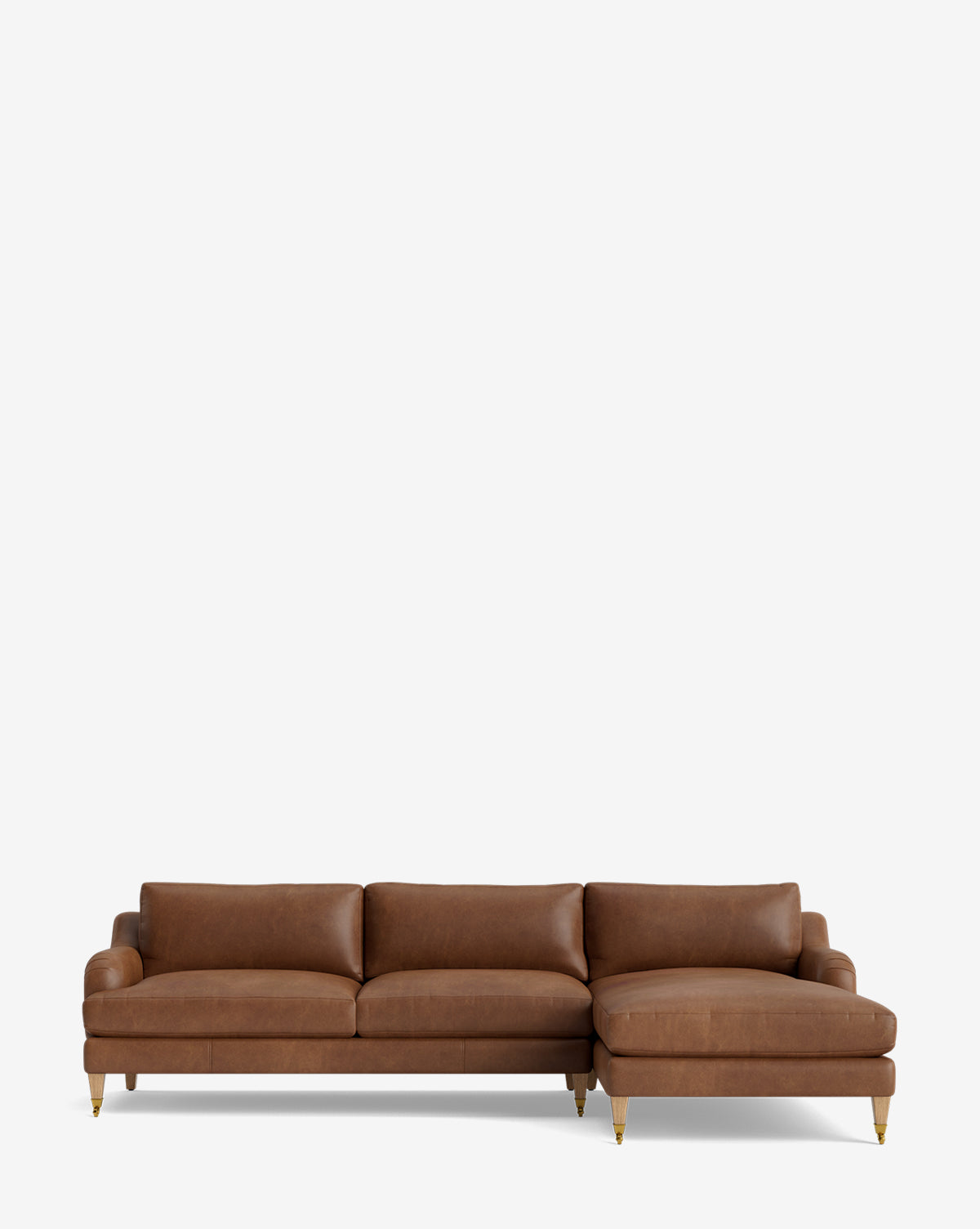 The Lucille English Roll Arm Right Chaise Sectional 107 features brown leather, three down-wrapped cushions, a right-side customizable chaise lounge, rounded armrests, and short gold-tipped legs, set against a plain white background, by Vendixs