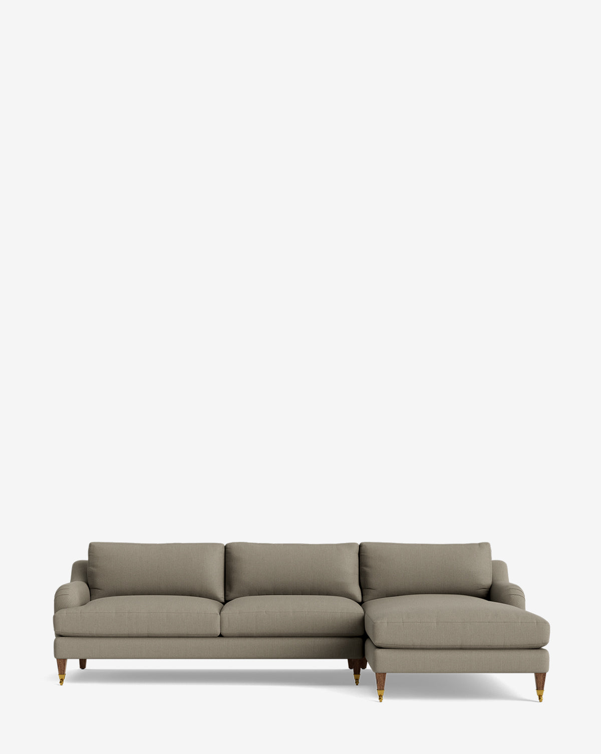 The Lucille English Roll Arm Right Chaise Sectional 107 is a modern light gray chaise sectional with three seat and back cushions, a right-facing lounge, slim wooden legs with brass tips, and down wrapped cushions, by Vendixs Shown on a plain white background.