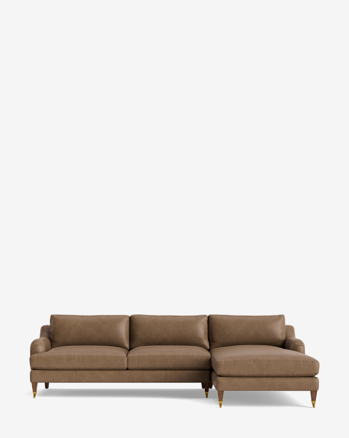 Lucille English Roll Arm Right Chaise Sectional 107 in brown with three down-wrapped seat cushions, plush back cushions, and short wooden legs with brass-colored tips, shown on a plain white background by Vendixs