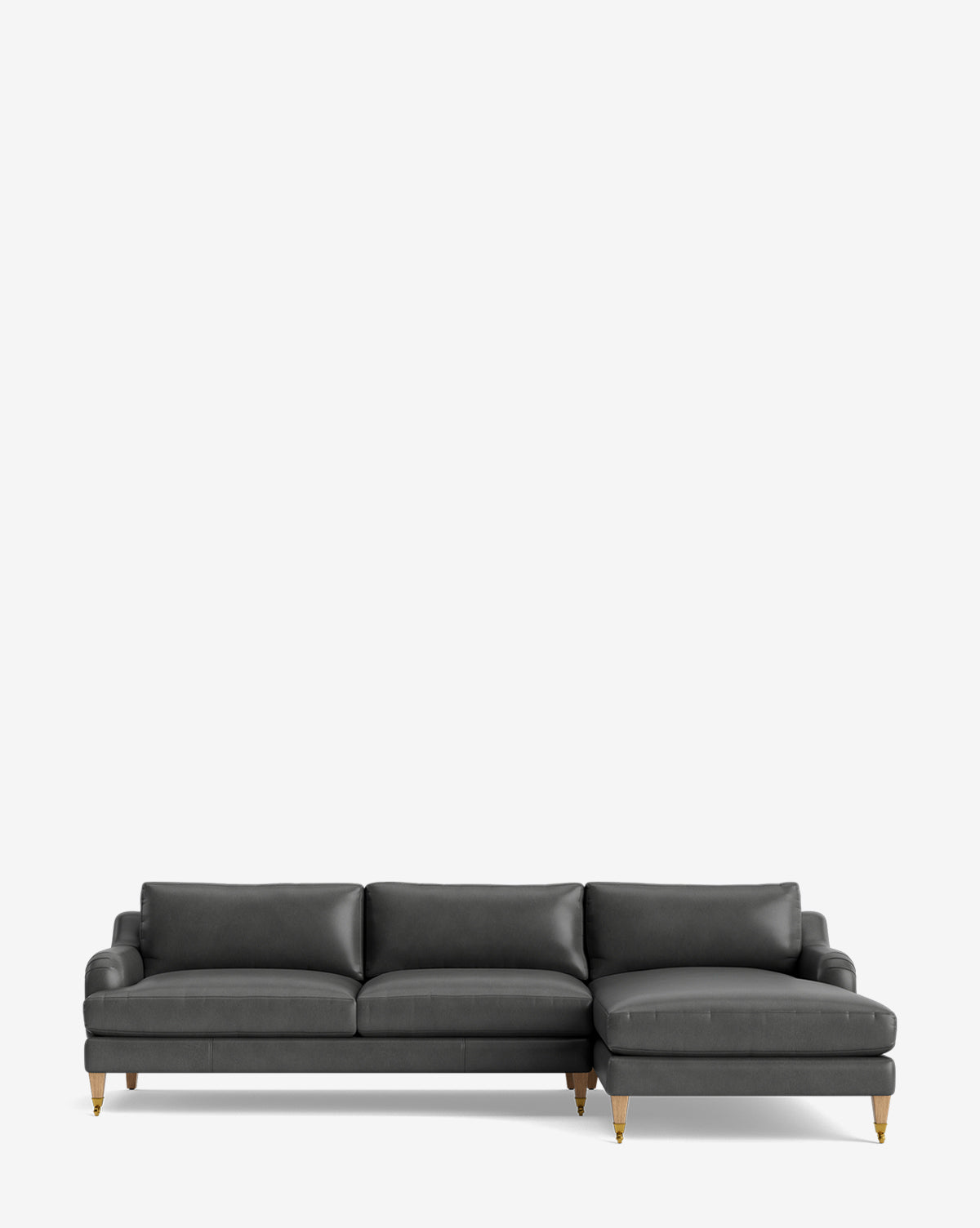 The Lucille English Roll Arm Right Chaise Sectional 107 is a modern dark gray sofa with three down-wrapped cushions, a right-side chaise lounge, and wooden legs with gold caps, displayed against a plain white background by Vendixs