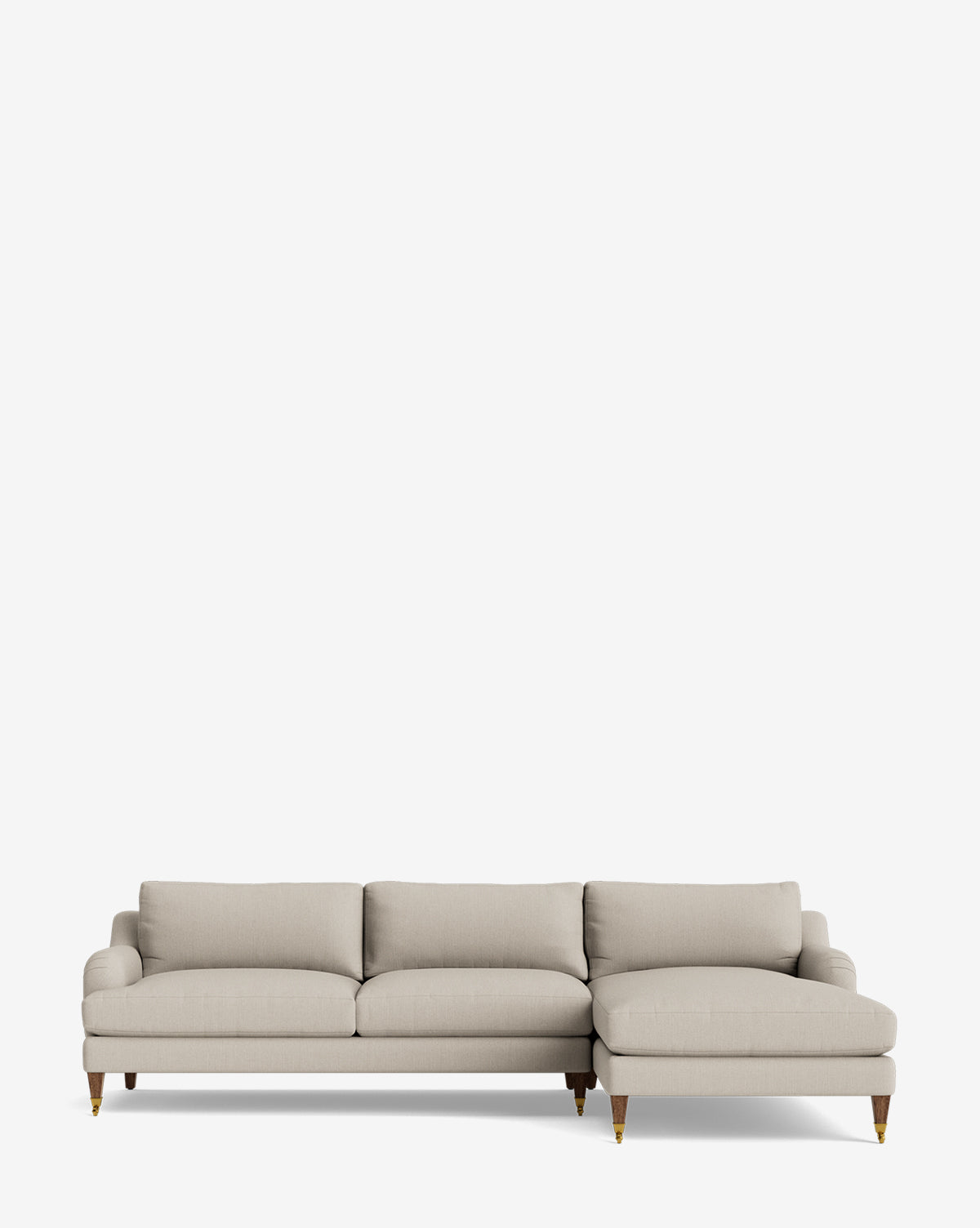The Lucille English Roll Arm Right Chaise Sectional 107 is a light beige sofa with three seat and back cushions, wooden legs, down-wrapped cushions, and a customizable chaise design, pictured against a white background by Vendixs