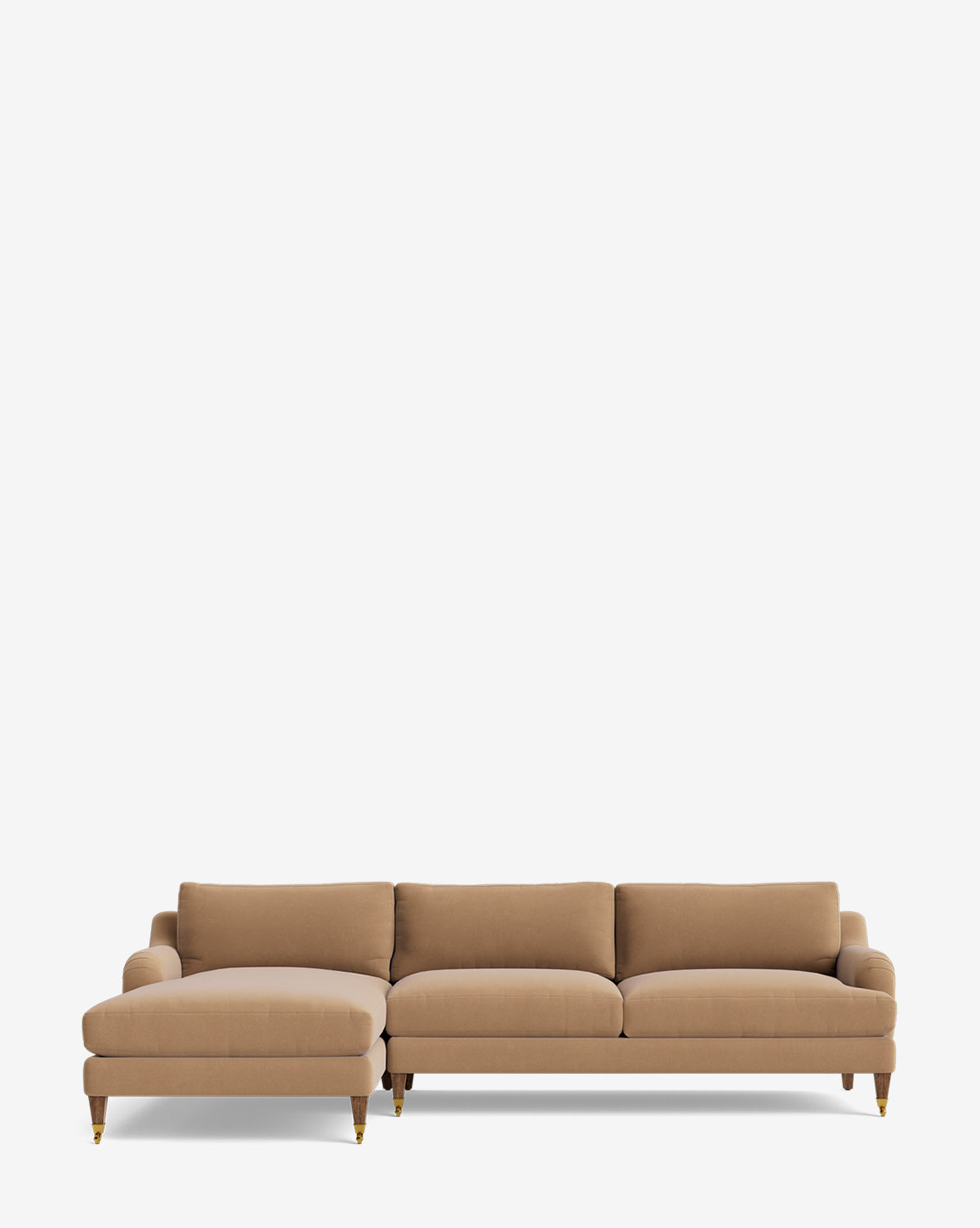 The Lucille English Roll Arm Left Chaise Sectional 107 in tan, with three seat cushions and wooden legs with brass caps, is shown against a plain white background by McGee & Co.