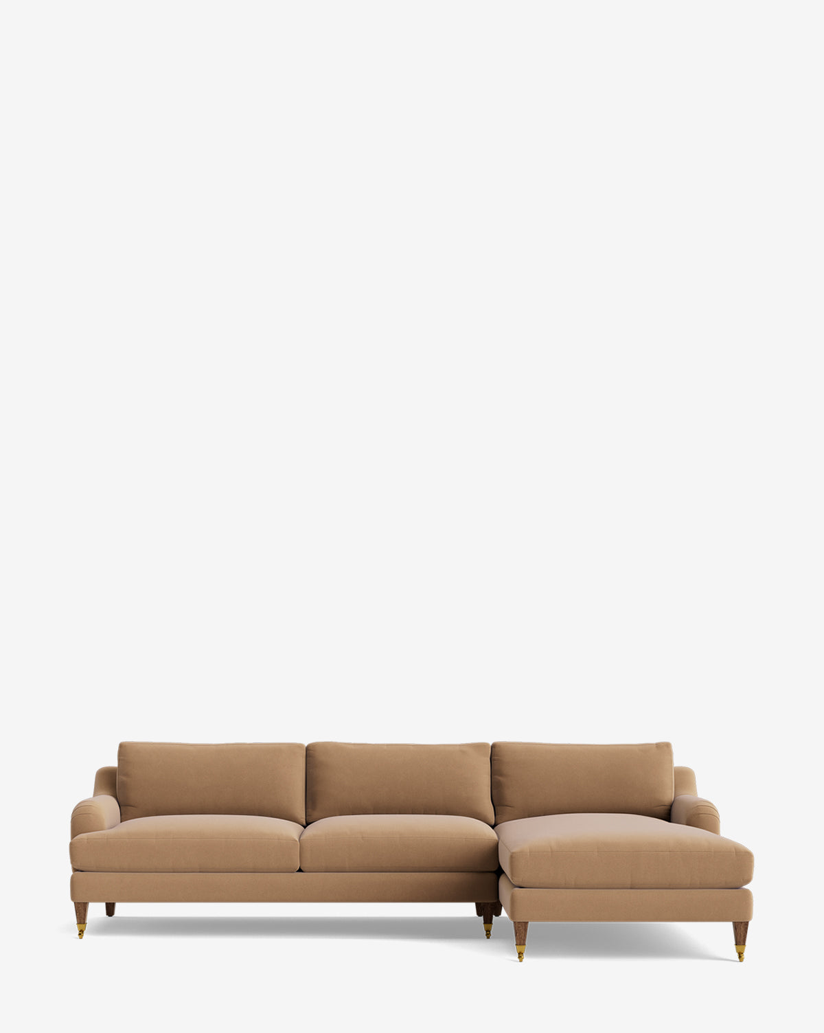 The Lucille English Roll Arm Right Chaise Sectional 107 is a tan customizable piece with three down-wrapped cushions, an attached right chaise lounge, and wooden legs with brass caps, shown against a plain white background by Vendixs