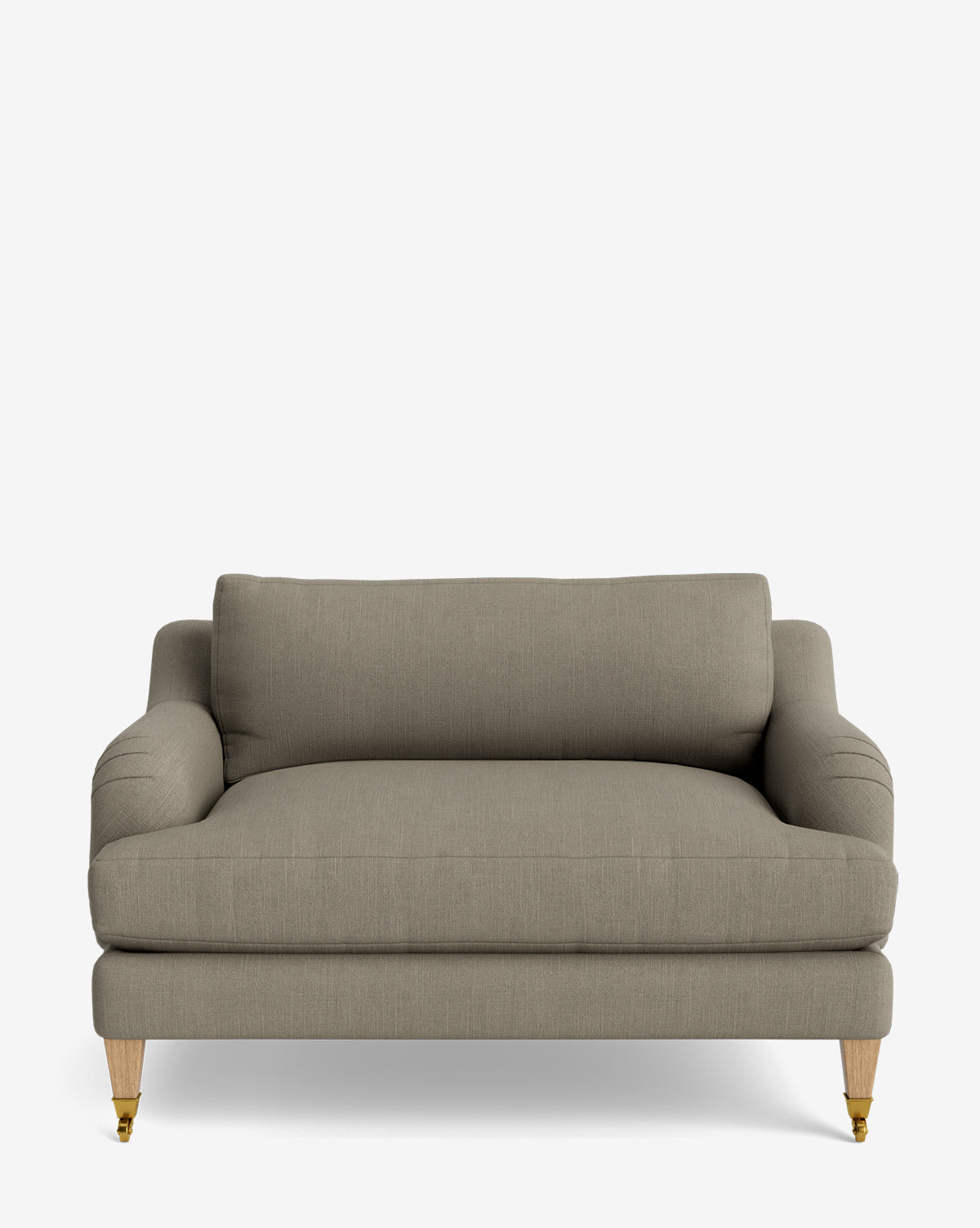 The Lucille English Roll Arm Chair and a Half features taupe upholstery, English roll arms, a down-wrapped cushion, and wooden legs with front brass castors, shown against a plain white background by McGee & Co.