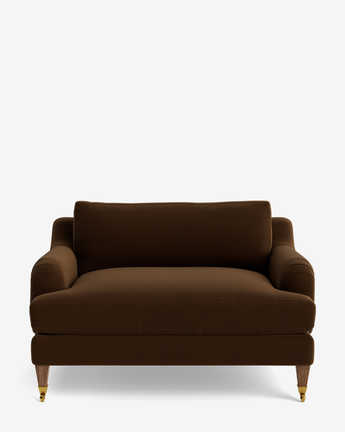 The Lucille English Roll Arm Chair and a Half features a brown finish, down-wrapped cushion, rounded arms, and four wooden legs—front legs on brass casters—all set against a plain white background by McGee & Co.