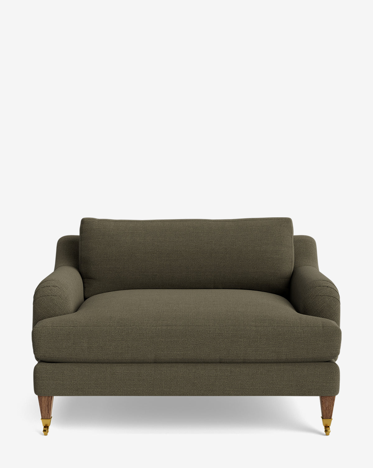 The Lucille English Roll Arm Chair and a Half features dark olive green upholstery, rounded English roll arms, a single down-wrapped cushion, and four wooden legs with small brass casters on the front legs, by McGee & Co.