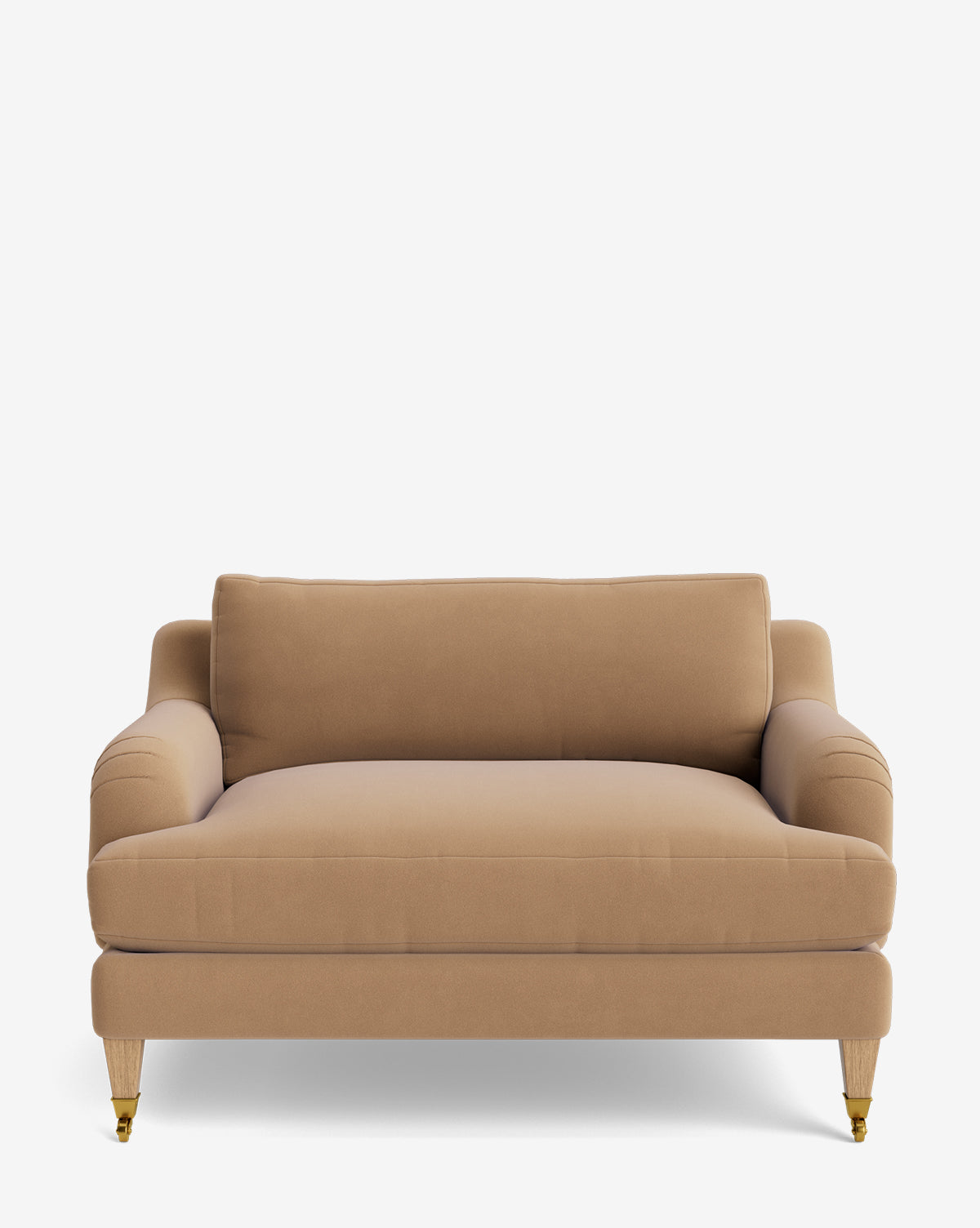 The Lucille English Roll Arm Chair and a Half features tan upholstery, rounded arms, a down-wrapped cushion, and four wooden legs—front legs with brass castor wheels—all shown against a plain white background, by Vendixs