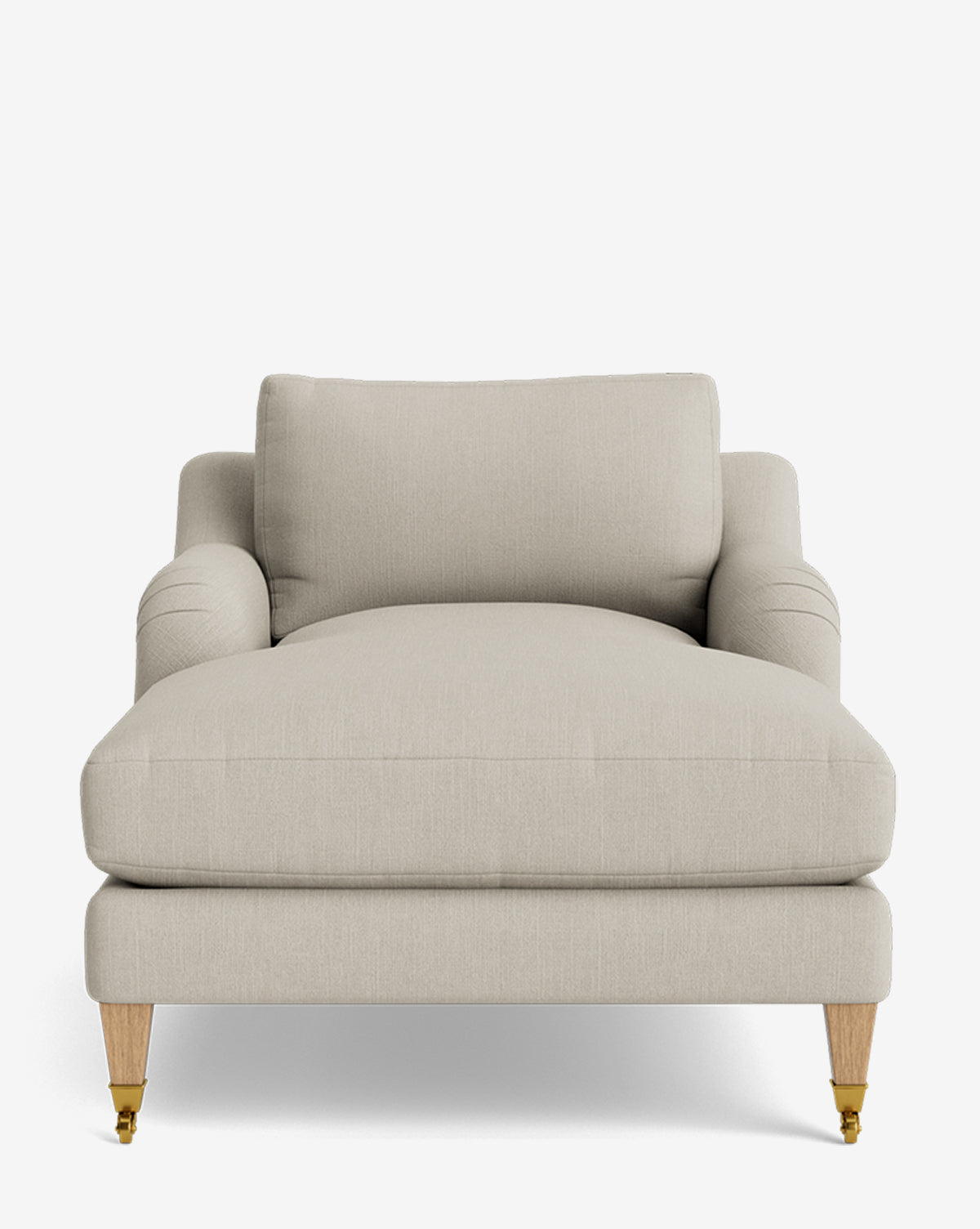 A front view of the Lucille English Roll Arm Lounge Chair in modern light beige, featuring wooden legs with gold caster wheels and plush down-wrapped cushions—an ideal customizable piece for any space, shown against a plain white background, by McGee & Co.