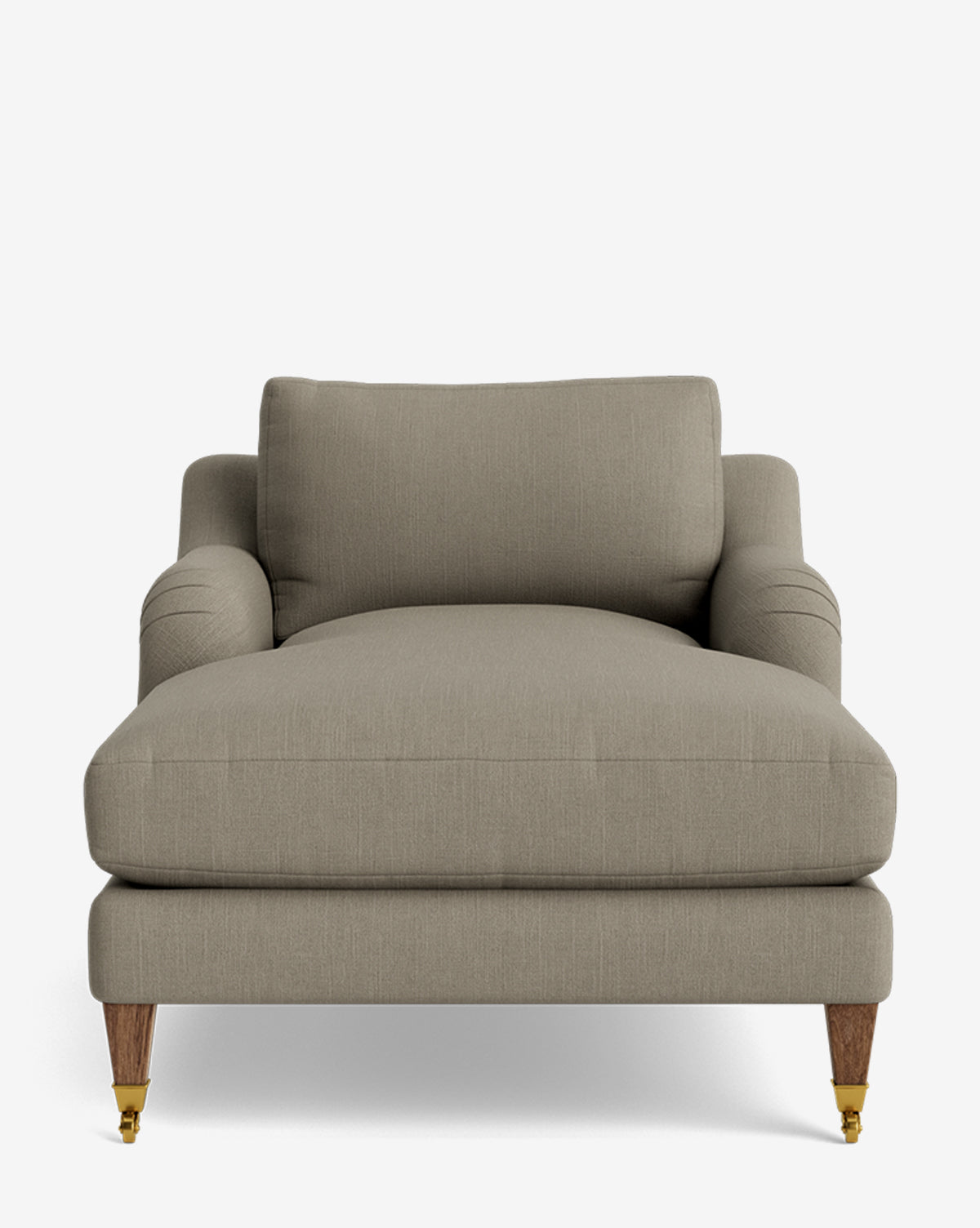 The Lucille English Roll Arm Chaise Lounge in taupe fabric features a customizable design, down wrapped cushion, wooden legs with brass front casters, and is shown from the front against a white background by McGee & Co.