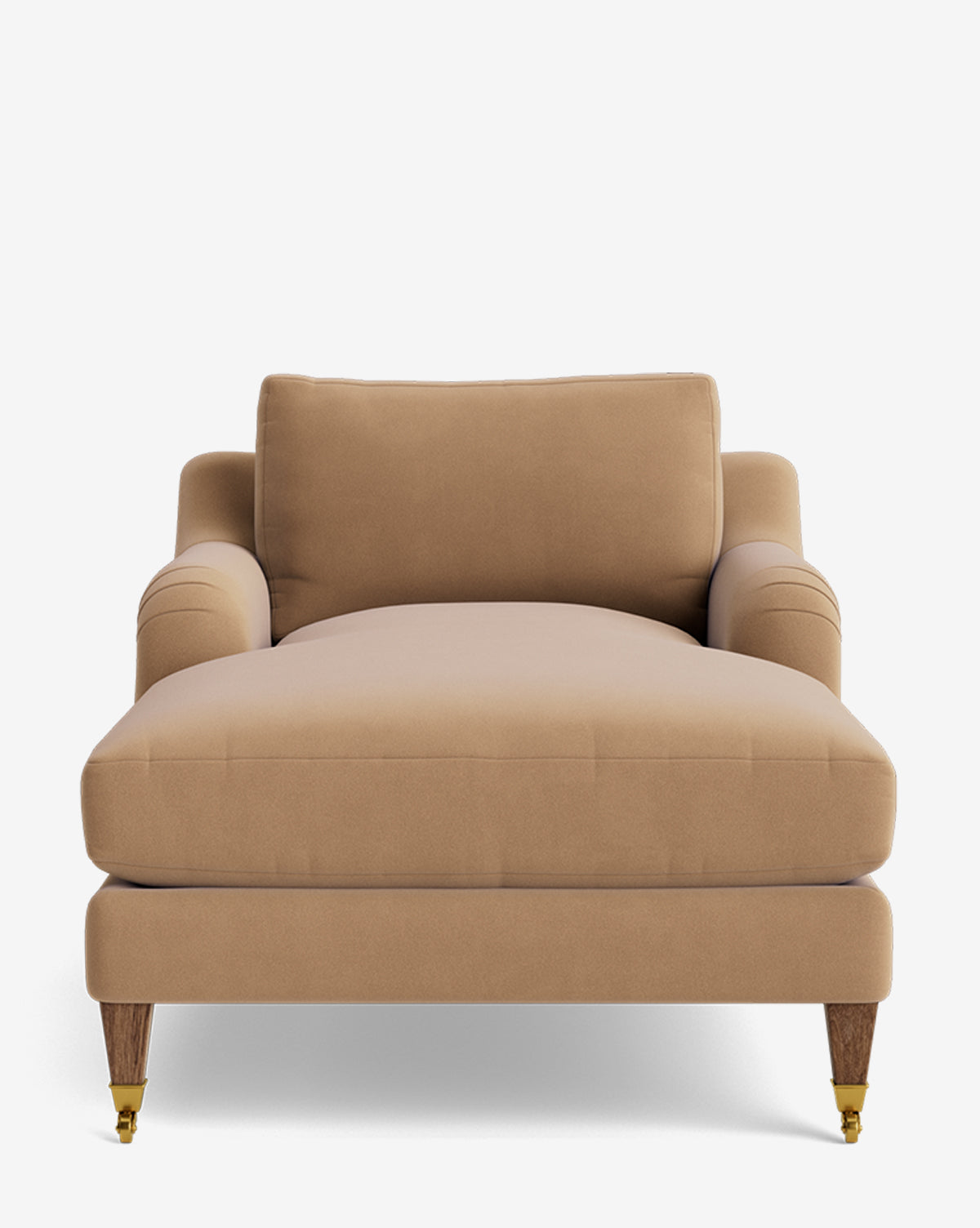 Front view of the Lucille English Roll Arm Lounge Chair in tan upholstery, featuring wooden legs with brass caster wheels, a plush down-wrapped cushion, armrests, and a matching back cushion against a white background, by McGee & Co.