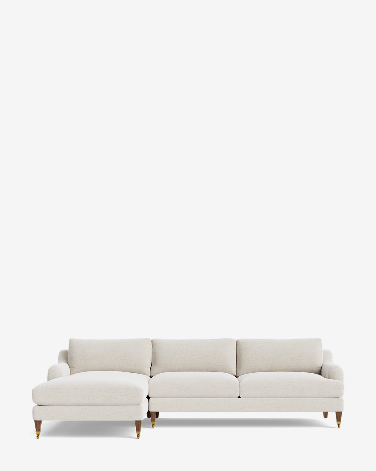 The Community Lucille English Roll Arm Left Chaise Sectional 107 features a modern, light beige design with three down-wrapped cushions, wooden legs with brass casters, and a customizable left-side chaise lounge set against a plain white background. Vendixs