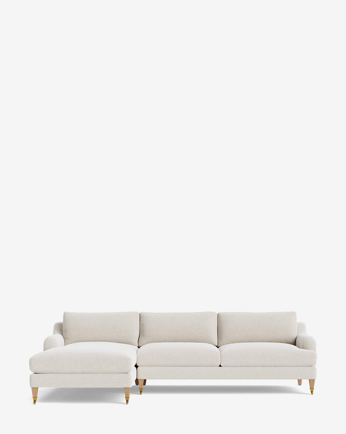 The Community Lucille English Roll Arm Left Chaise Sectional 107 features light beige upholstery, plush down-wrapped cushions, and wooden legs with gold-tone caps, shown here against a plain white background. Vendixs