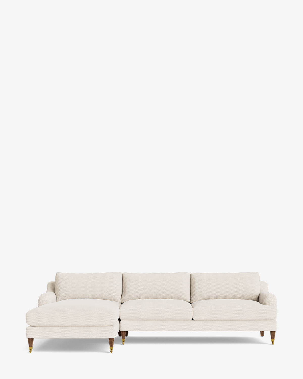 The Lucille English Roll Arm Left Chaise Sectional 107 by Community features cream upholstery, three down-wrapped cushions, a left-side chaise, and wooden legs with brass feet—all shown against a plain white background. Vendixs