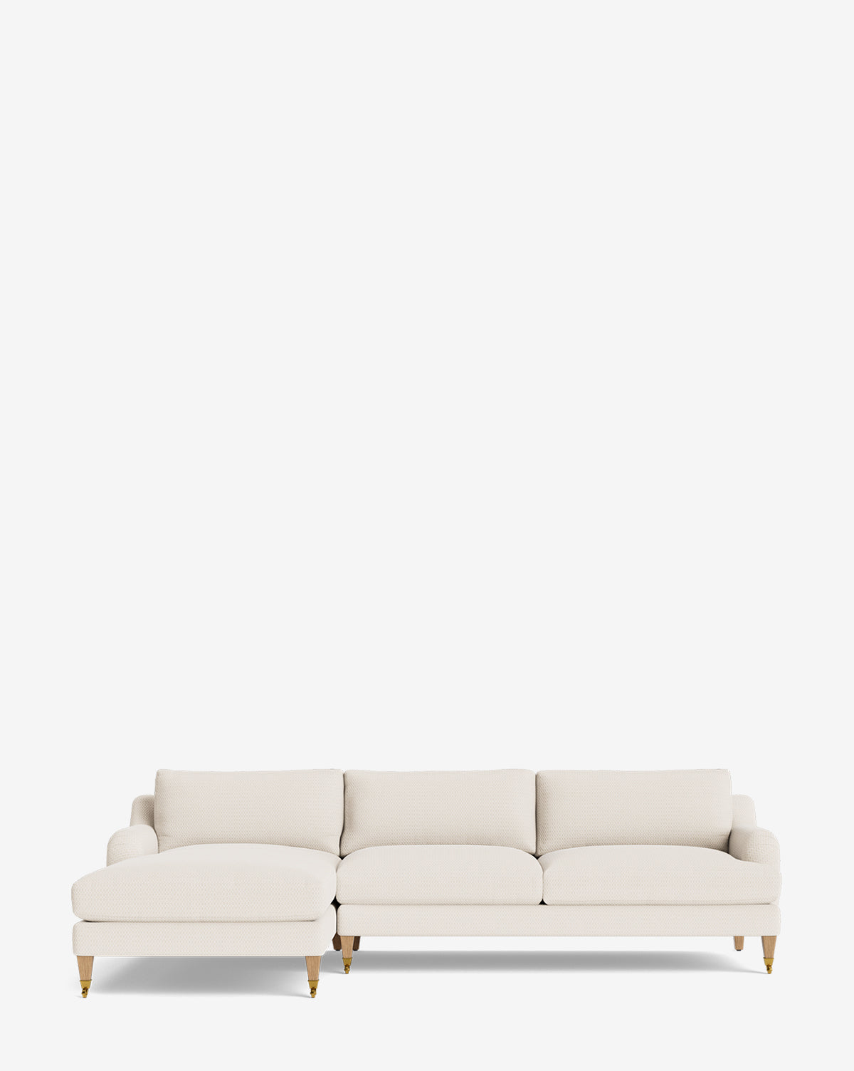 The Lucille English Roll Arm Left Chaise Sectional 107 by Community features three down-wrapped cushions, wooden legs, and an off-white customizable chaise on the left, shown against a plain white background. Vendixs