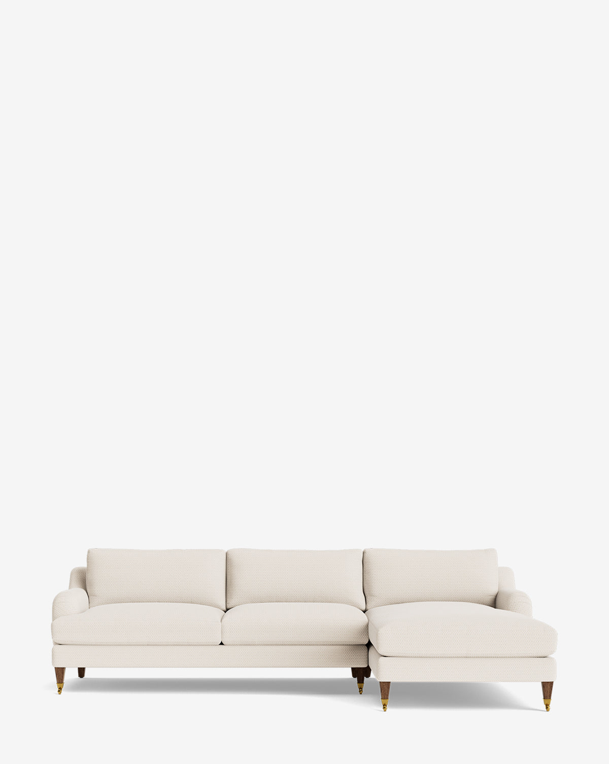 The Lucille English Roll Arm Right Chaise Sectional 107 by Community is a cream-colored, customizable sofa with down-wrapped cushions and wood legs, featuring a right-facing English roll arm chaise on a white background. Vendixs