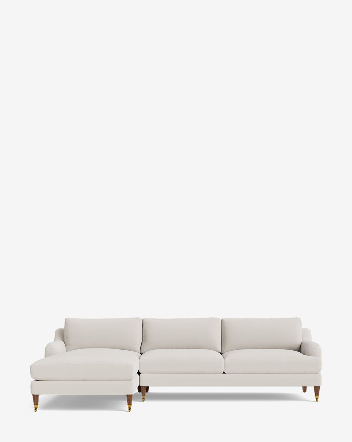 The Lucille English Roll Arm Left Chaise Sectional 107 by Community features a modern light beige design with three down-wrapped seat cushions and four wooden legs with brass casters, perfect for any contemporary space by Vendixs