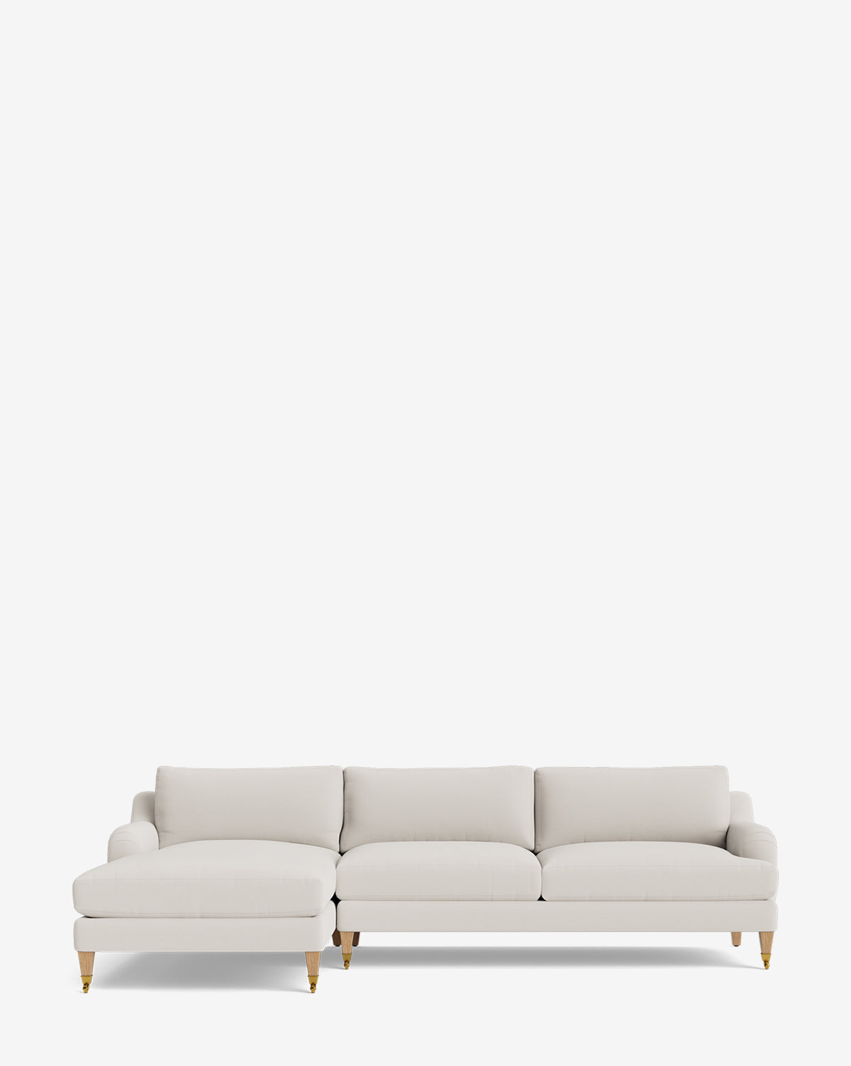 The Lucille English Roll Arm Left Chaise Sectional 107 by Community features three seat cushions, a left-side chaise lounge, light beige upholstery, down-wrapped cushions, and light wood legs on a plain white background. Vendixs