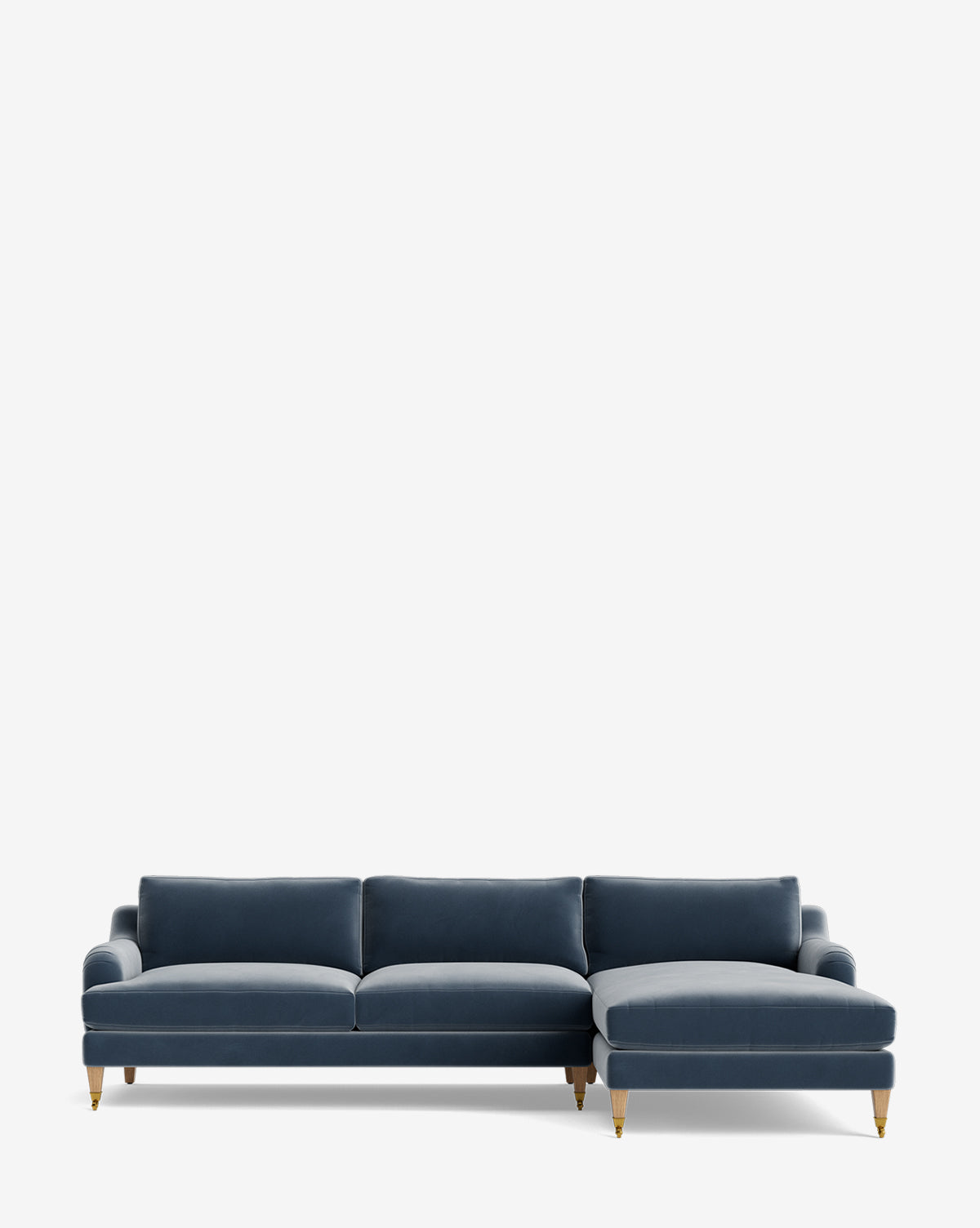 The Lucille English Roll Arm Right Chaise Sectional 107 features a modern L-shaped design with blue upholstery, three down-wrapped cushions, and wooden legs, displayed against a plain white background, by Vendixs