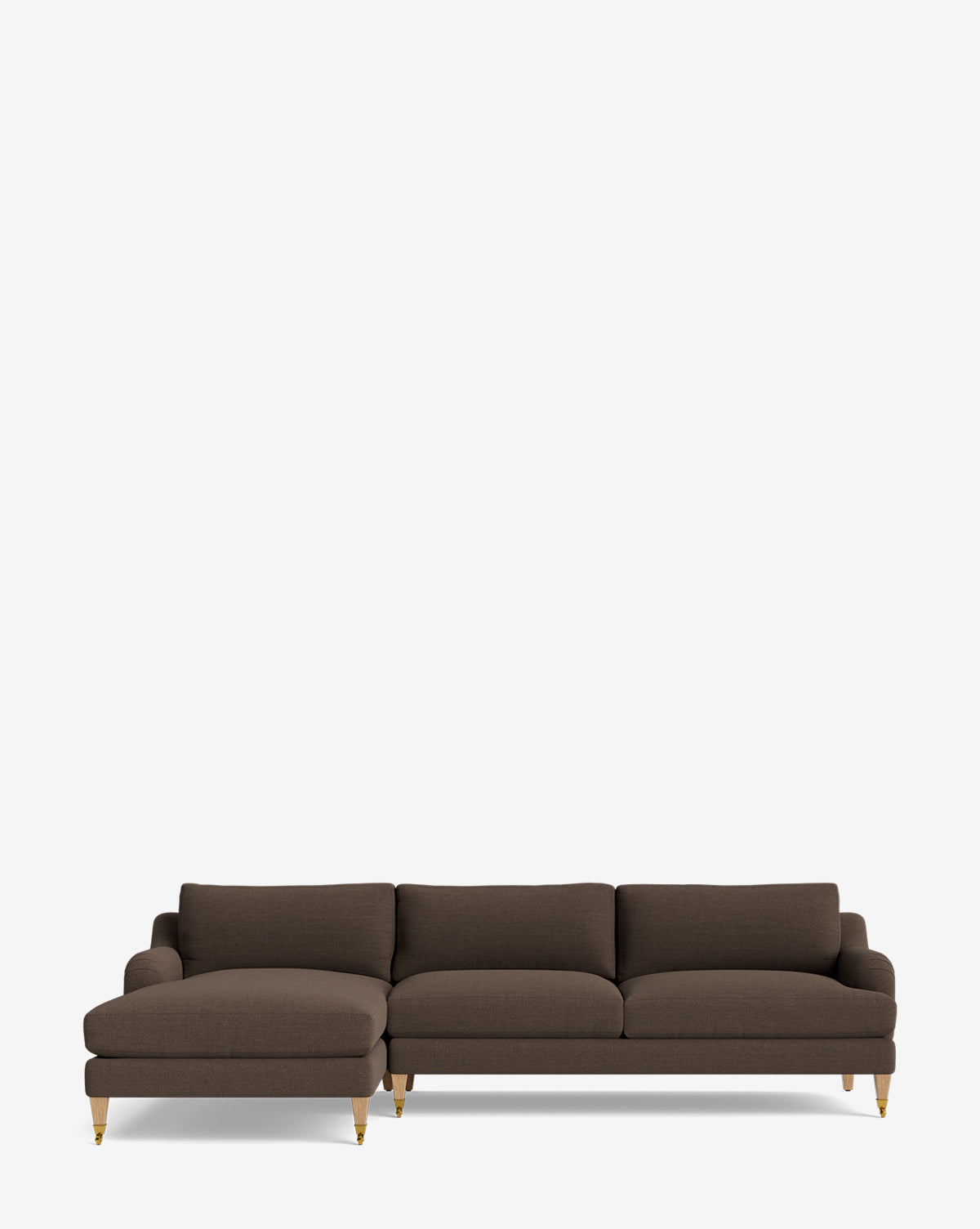 The Lucille English Roll Arm Left Chaise Sectional 107 by Community is a dark brown customizable piece with three seat cushions, soft back cushions, and gold-capped wooden legs, shown on a plain white background. Vendixs