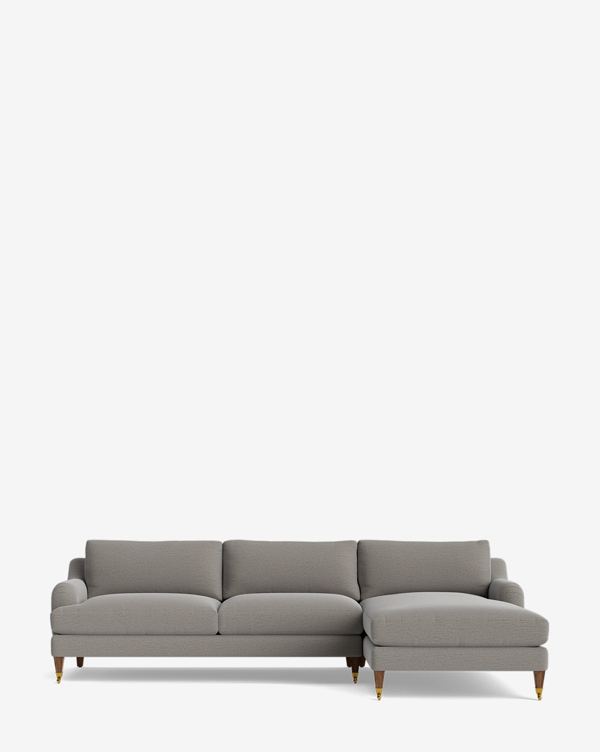 The Community Lucille English Roll Arm Right Chaise Sectional 107 is a modern gray customizable piece with three down-wrapped cushions, wooden legs, and brass casters, shown on a plain white background. Vendixs