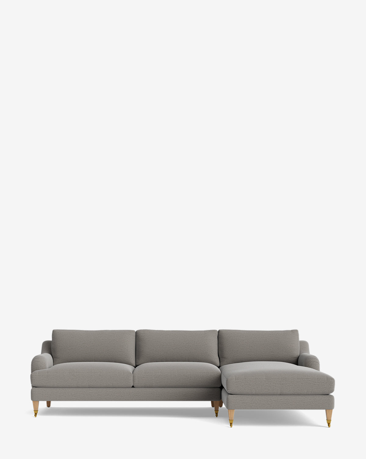 The Community Lucille English Roll Arm Right Chaise Sectional 107 is a modern gray customizable sofa with down-wrapped cushions, right-side chaise, and wooden legs, shown on a plain white background. Vendixs
