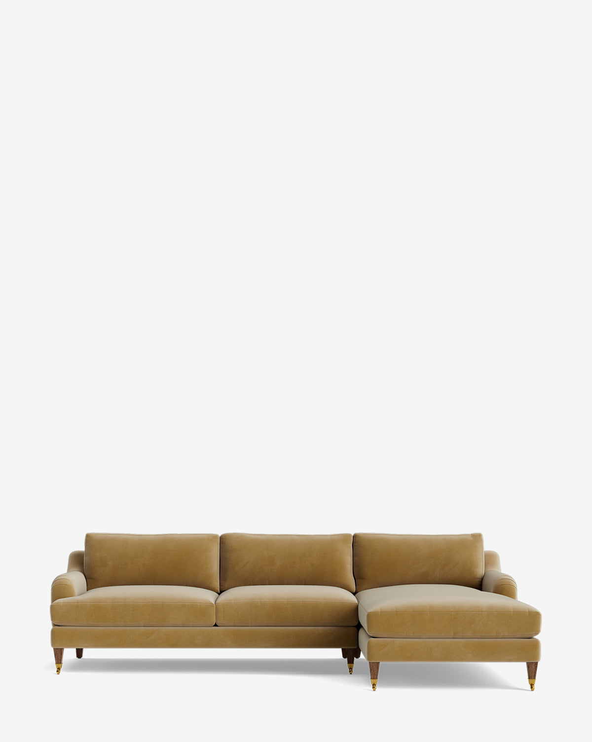 The Lucille English Roll Arm Right Chaise Sectional 107 features a modern mustard-yellow design with three down-wrapped cushions, a right-side chaise lounge, and wooden legs with brass accents, shown against a plain white background, by Vendixs