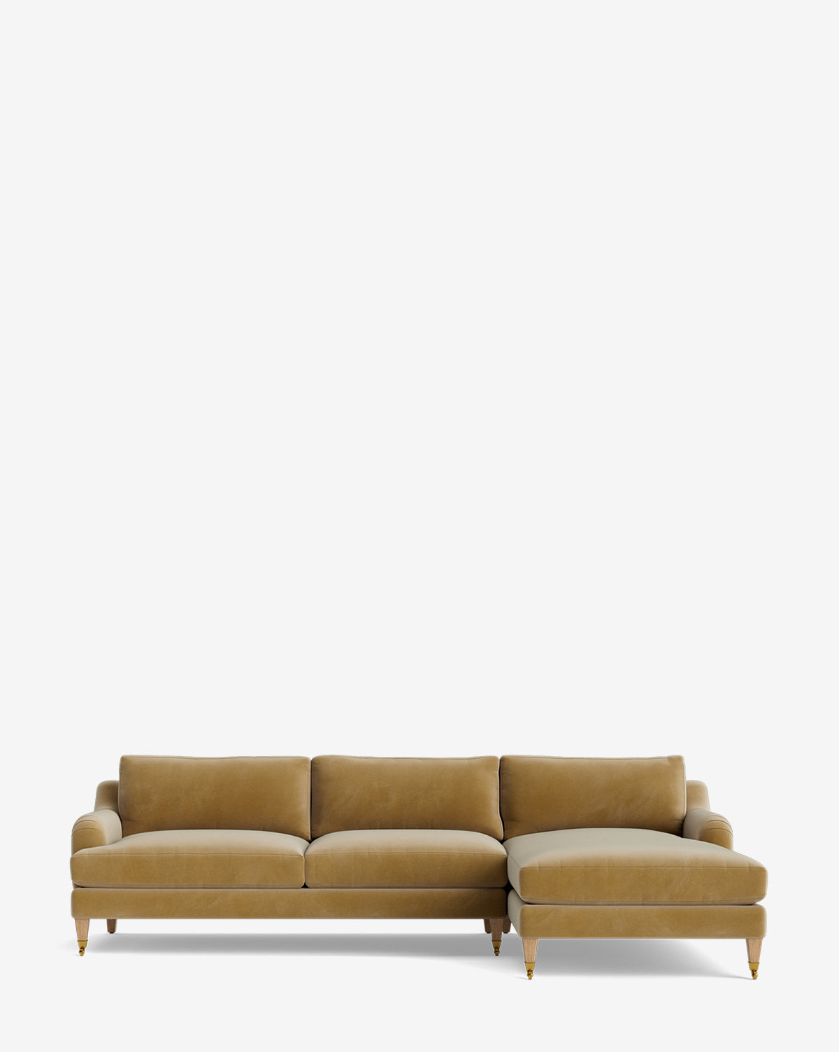 The Lucille English Roll Arm Right Chaise Sectional 107 is a modern mustard yellow sofa with three down-wrapped cushions, rounded armrests, wooden legs, and a customizable right-side chaise, shown against a plain white background, by Vendixs