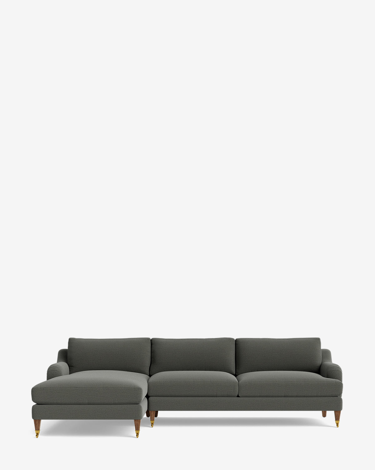 The Lucille English Roll Arm Left Chaise Sectional 107 by Community features dark gray upholstery, down-wrapped cushions, three seat cushions, a left-hand chaise, and wooden legs with gold tips, shown on a plain white background. Vendixs