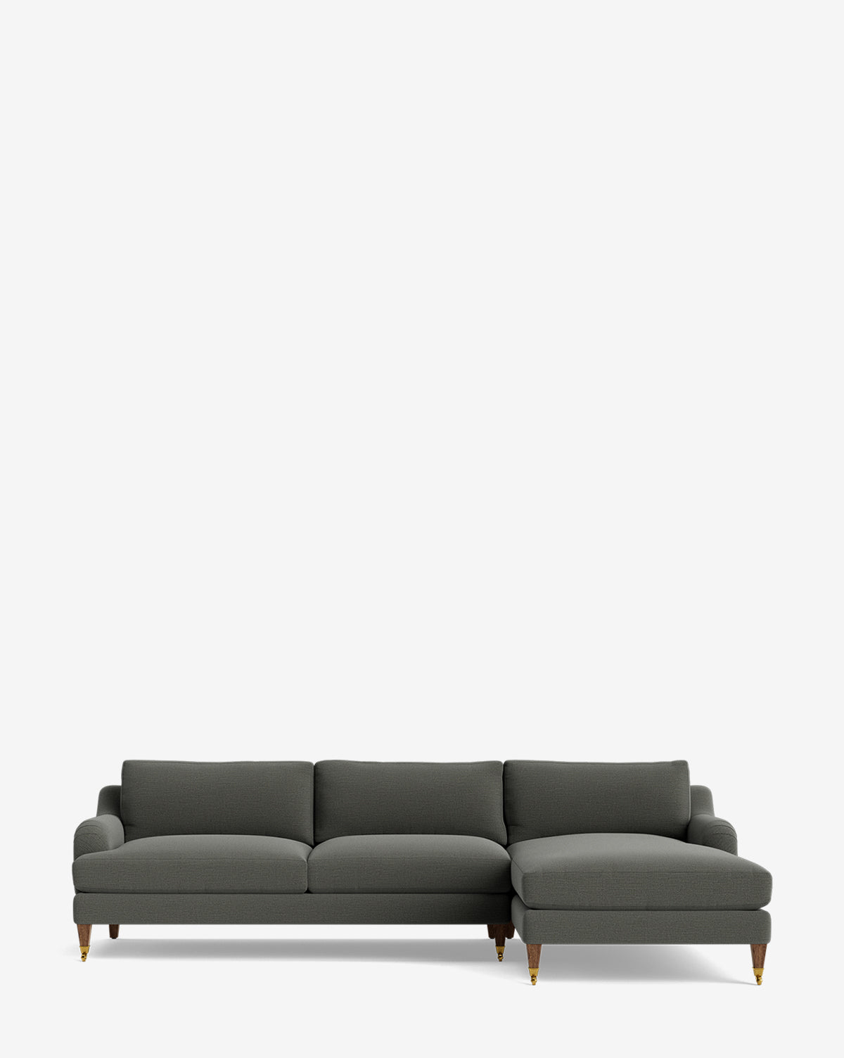 The Community Lucille English Roll Arm Right Chaise Sectional 107 is a dark gray, customizable three-seater with down-wrapped cushions and wooden legs with brass caps, shown here against a plain white background. Vendixs