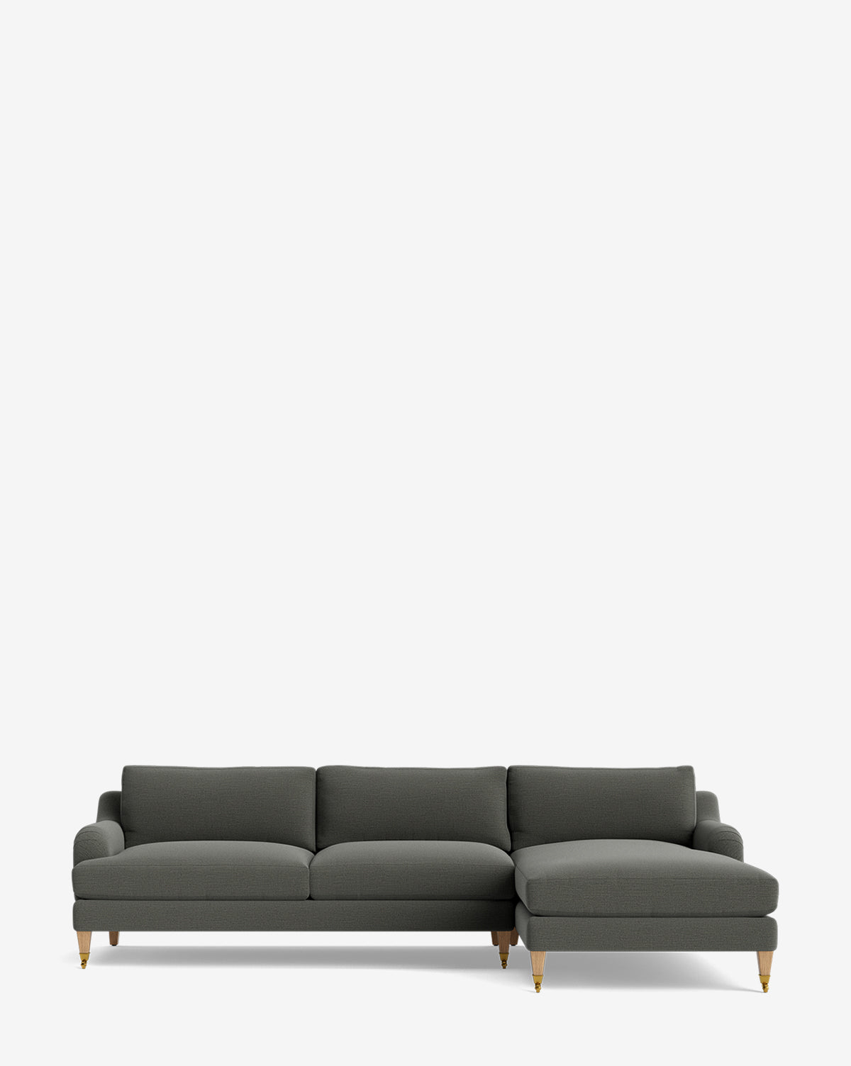 The Community Lucille English Roll Arm Right Chaise Sectional 107 is a dark grey, three-seat customizable sofa with a right-facing chaise, wooden legs, down-wrapped cushions, and a modern minimalist design shown on a plain white background. Vendixs