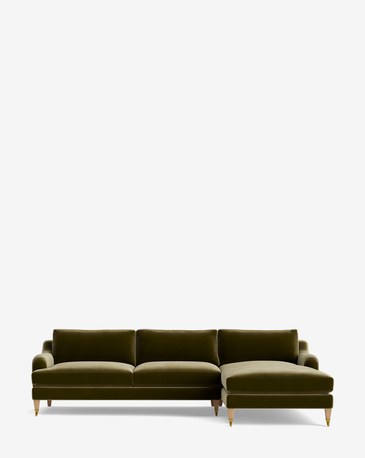 The Lucille English Roll Arm Right Chaise Sectional 107 is a green velvet, three-seat customizable sectional with a right-facing chaise, down-wrapped cushions, rounded armrests, and slim wooden legs with brass tips, shown on a plain white background by Vendixs