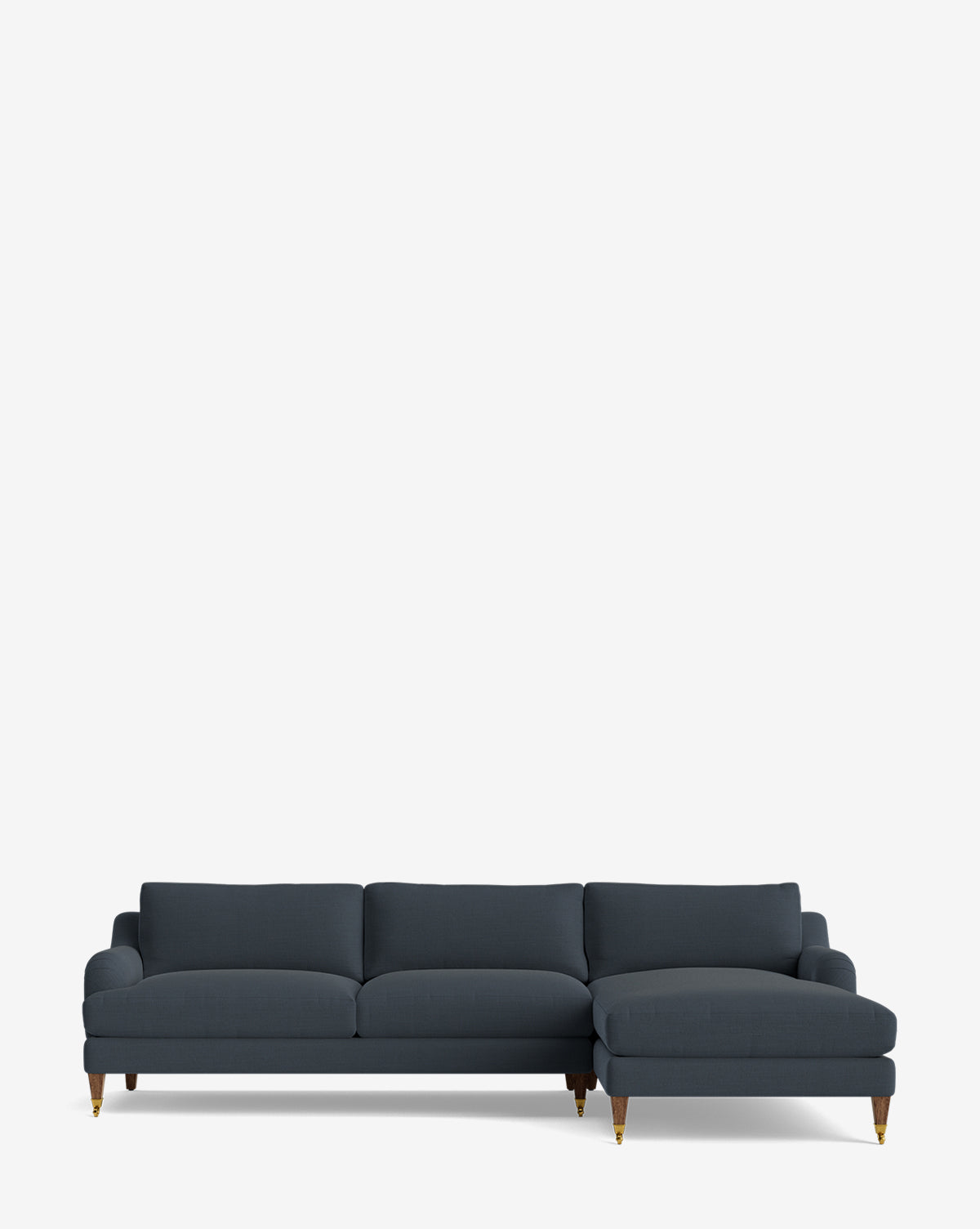The Community Lucille English Roll Arm Right Chaise Sectional 107 features dark blue upholstery, three down-wrapped seat cushions, a right-side English Roll Arm Chaise, and wooden legs with brass-colored tips against a white background. Vendixs