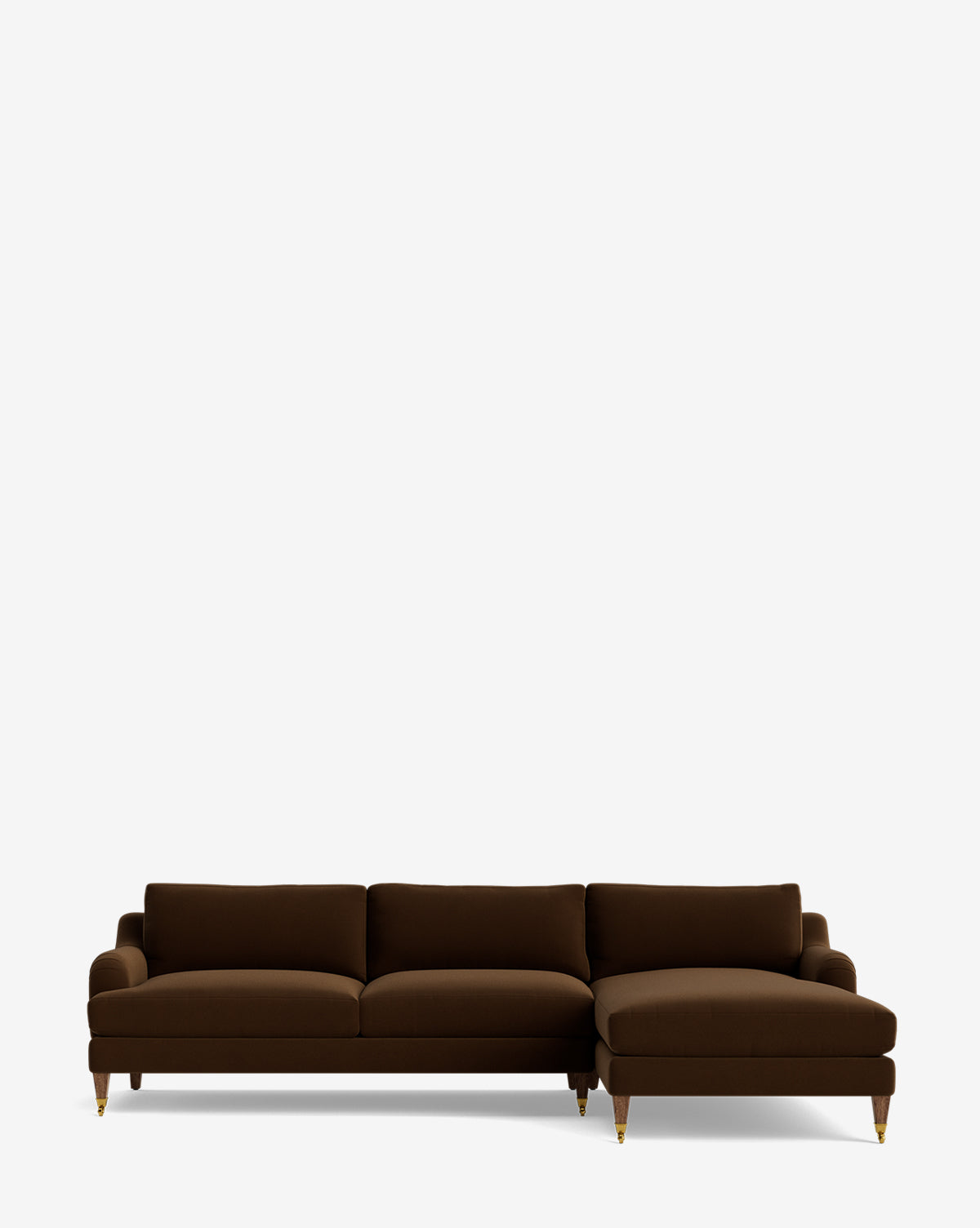 The Lucille English Roll Arm Right Chaise Sectional 107 is a modern, customizable brown sectional featuring a right-facing chaise, down-wrapped cushions, and wooden legs, shown against a plain white background by Vendixs