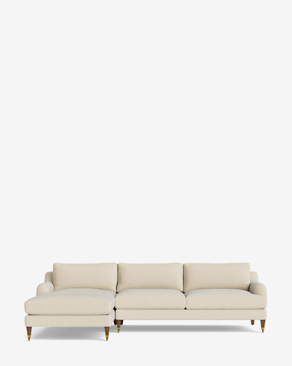 The Community Lucille English Roll Arm Left Chaise Sectional 107 in beige features three down-wrapped seat cushions, three back cushions, wooden legs with brass caps, and a classic English roll arm design against a white background. Vendixs