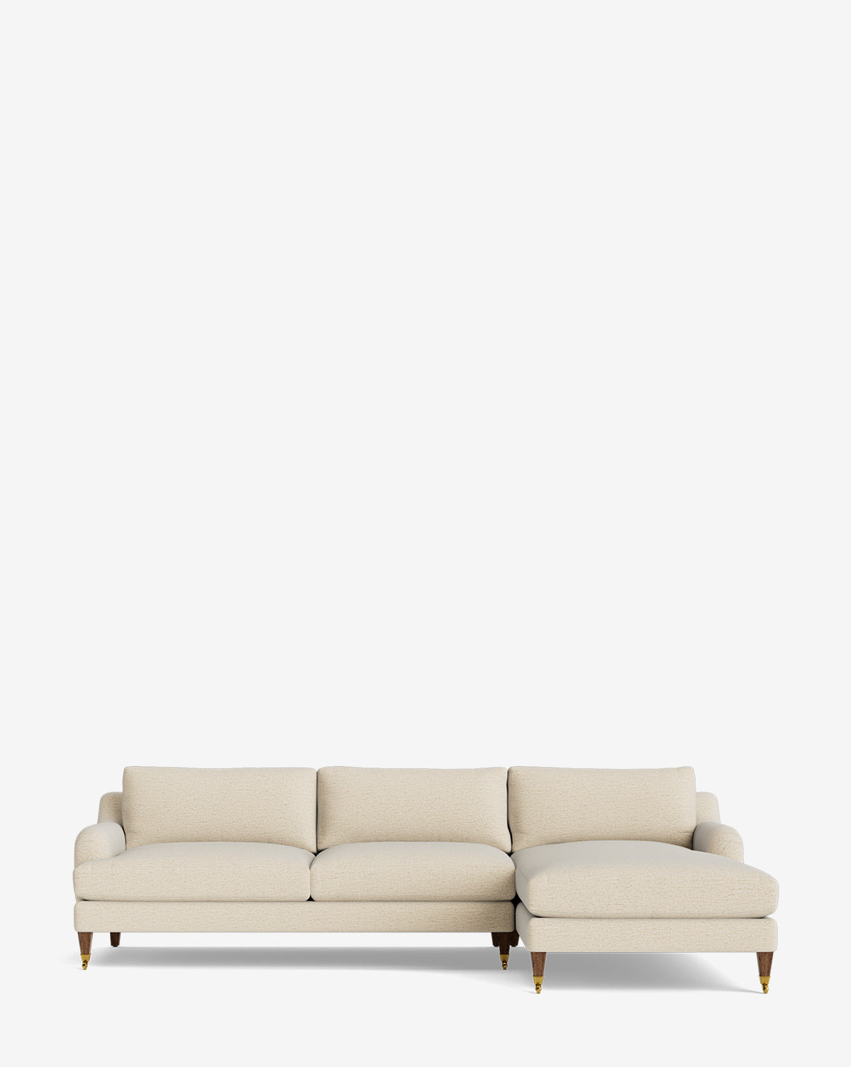 The Community Lucille English Roll Arm Right Chaise Sectional 107 is a customizable L-shaped sofa with down-wrapped cushions, wooden legs with brass caps, three seat cushions, and a right-side chaise, shown against a plain white background by Vendixs