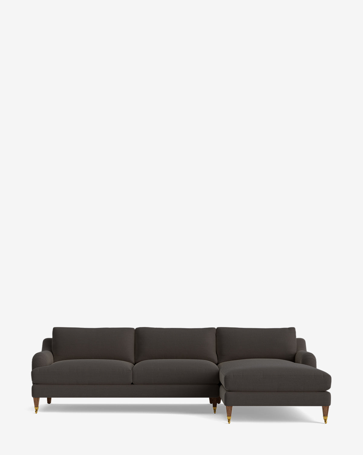 The Community Lucille English Roll Arm Right Chaise Sectional 107 is a dark gray customizable sofa with three down-wrapped cushions and wooden legs with gold-colored caps, shown against a plain white background. Vendixs
