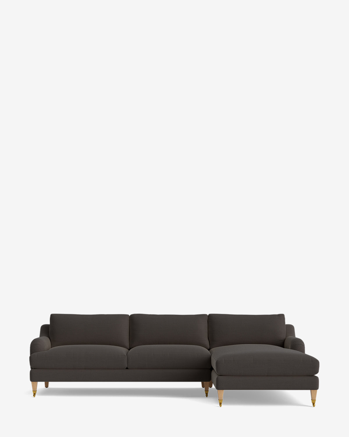 The Lucille English Roll Arm Right Chaise Sectional 107 by Community is a dark gray, customizable sofa with wooden legs, gold accents, and down-wrapped cushions, featuring a right-side chaise lounge against a white background. Vendixs